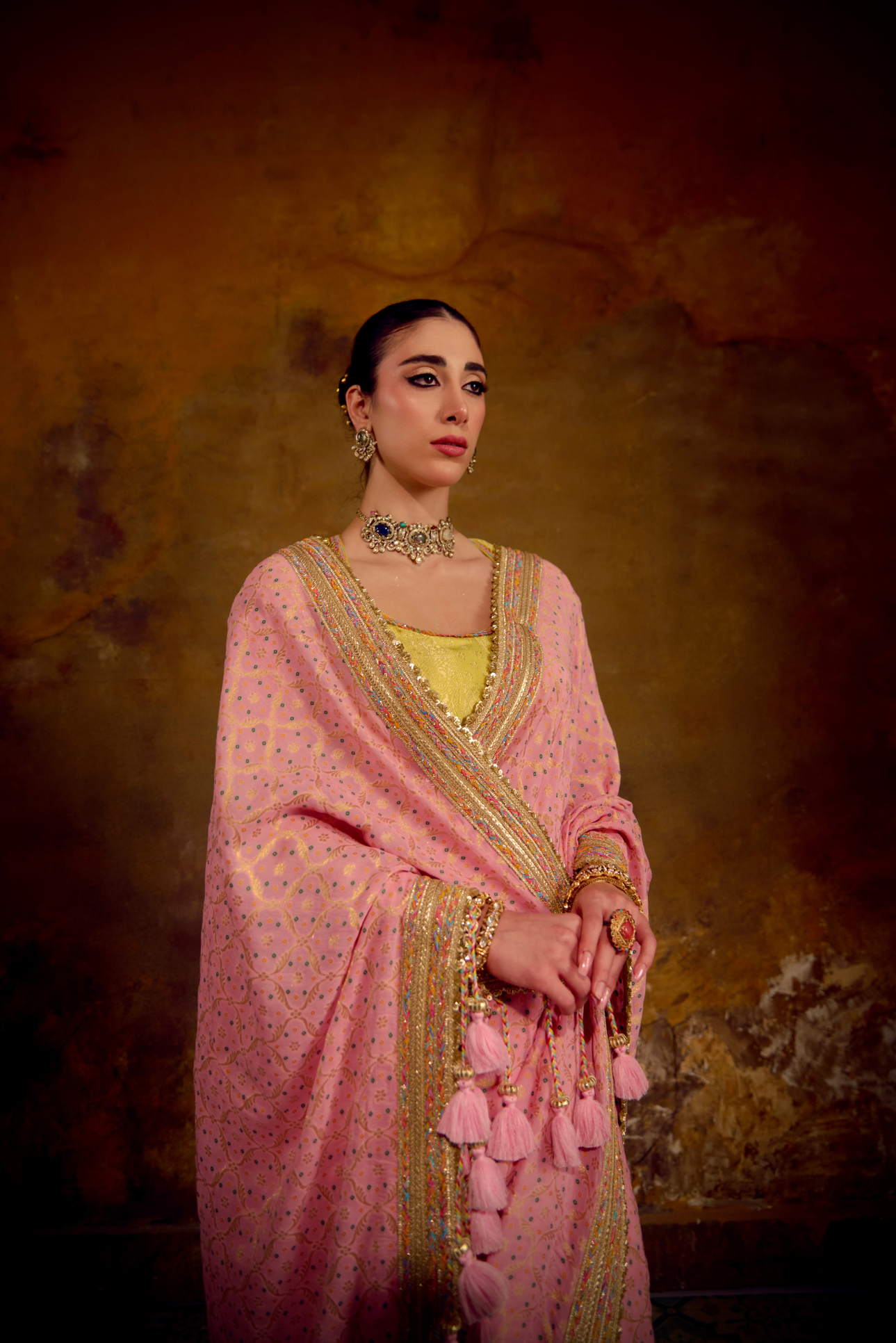 Naad Gulabo - Blush Pink Saree with Lime Green Blouse