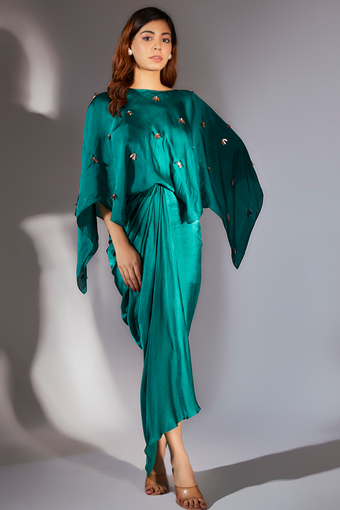 Teal Green Embroidered Drape Dress