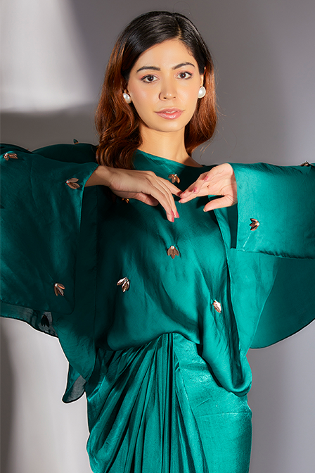 Teal Green Embroidered Drape Dress
