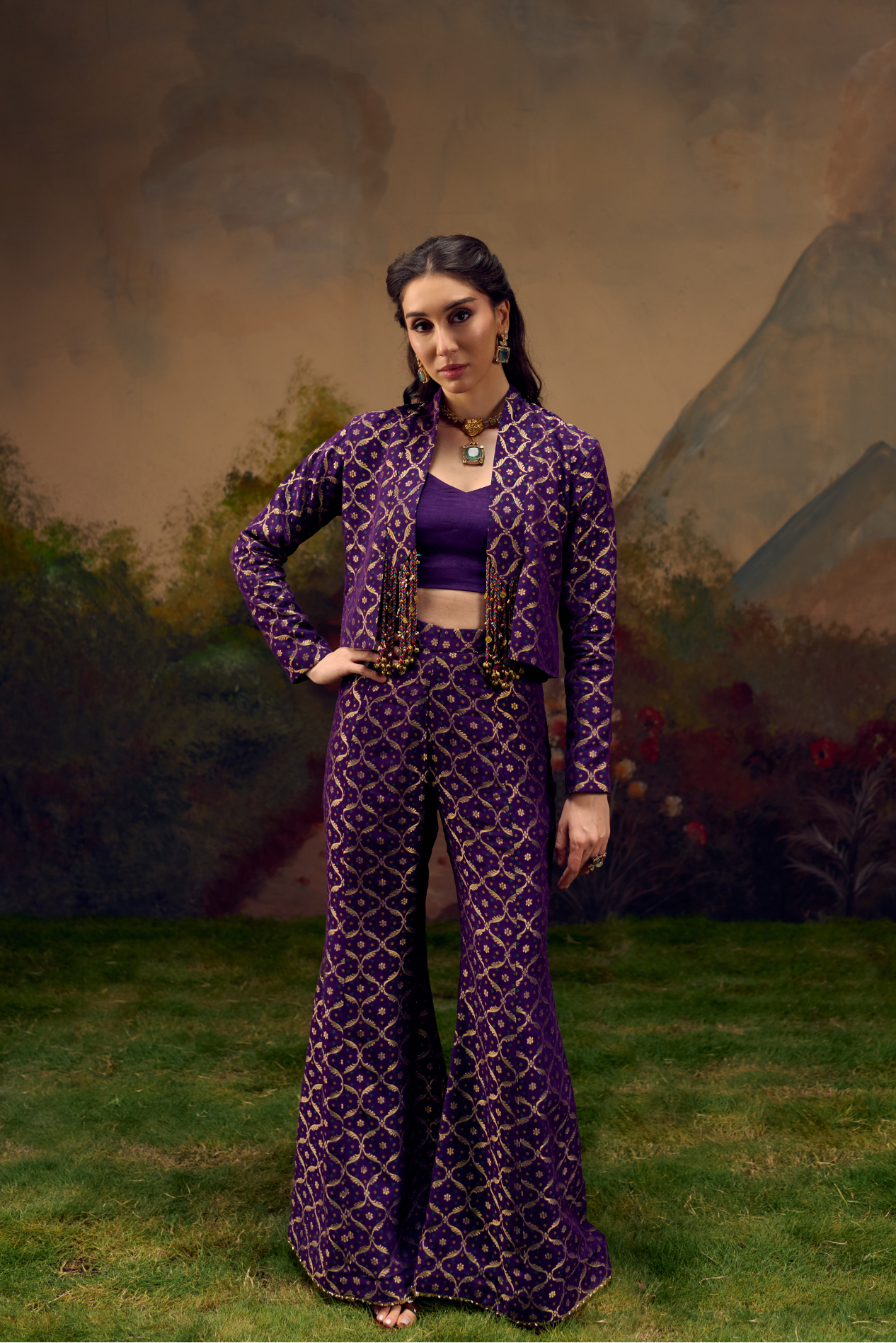 Naad Neelambari - Purple Jacket Set with Flared Pants and Tassles Detailing