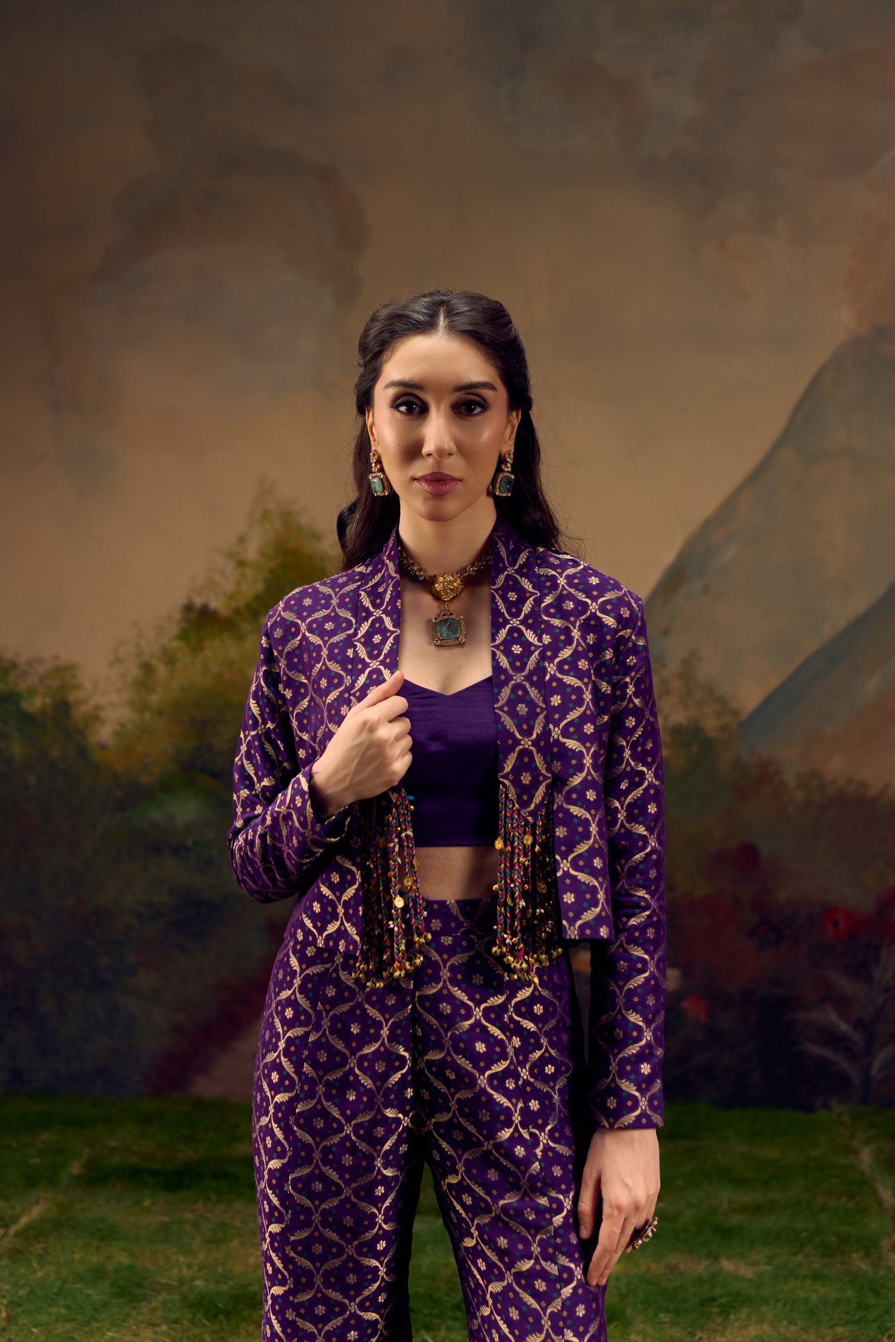 Naad Neelambari - Purple Jacket Set with Flared Pants and Tassles Detailing