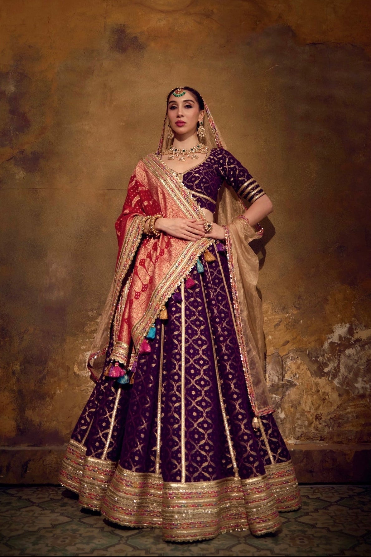 Naad Shringar- Purple Lehenga with Elbow Length Blouse, Dupatta and Veil