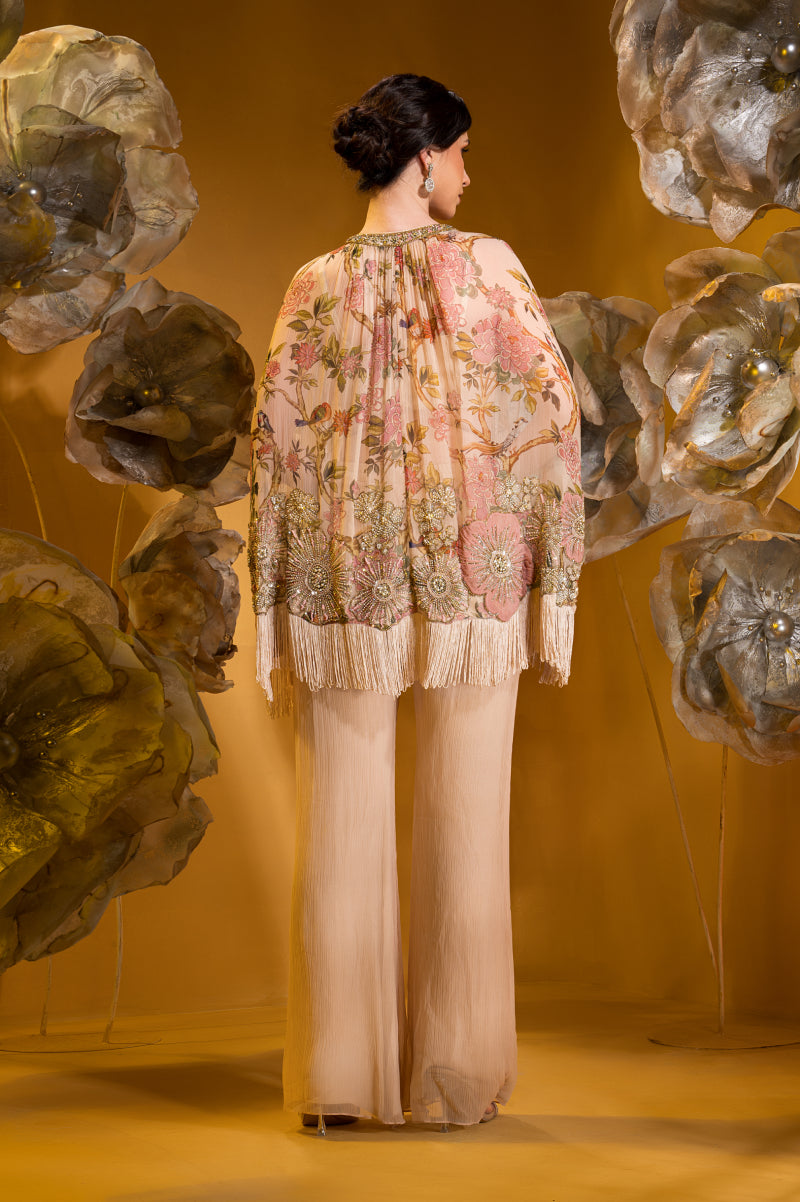 Printed Embroidered Cape And Flared Pant