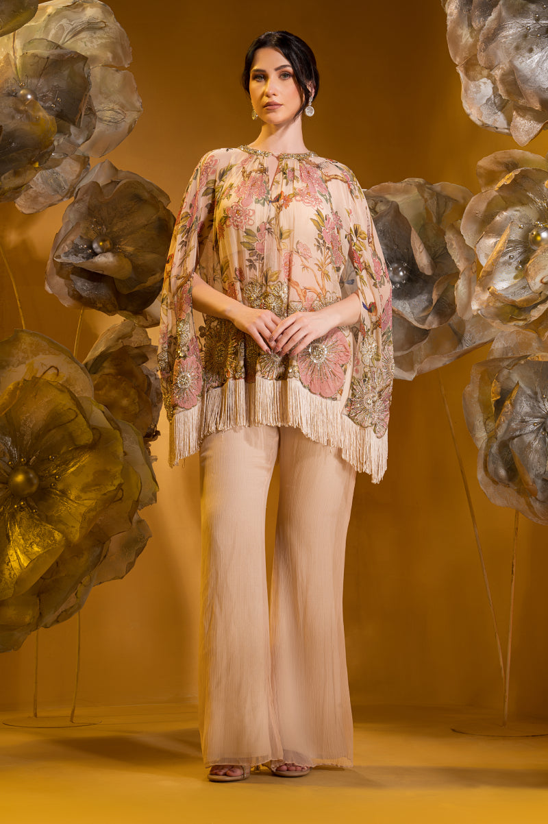Printed Embroidered Cape And Flared Pant