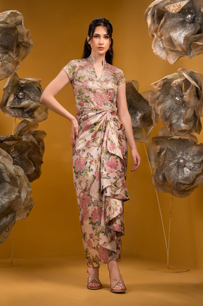 Printed Long Drape Dress