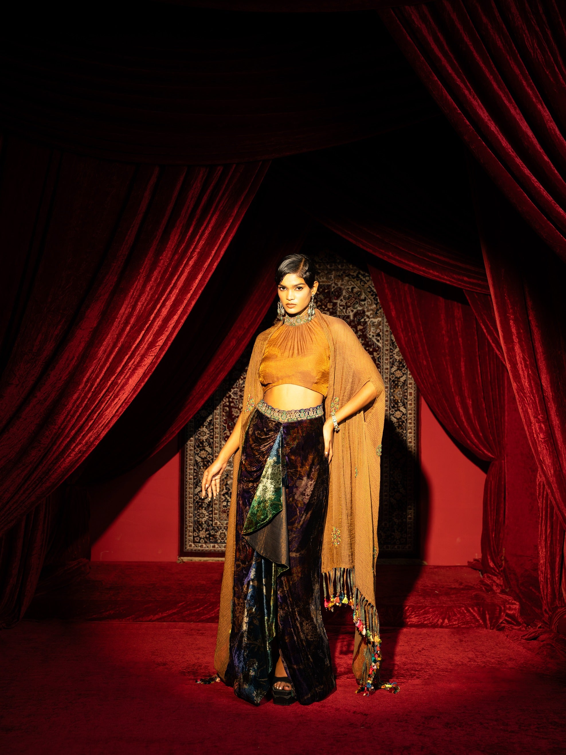Velvet Drape Skirt with & Flowy Dupatta Cape