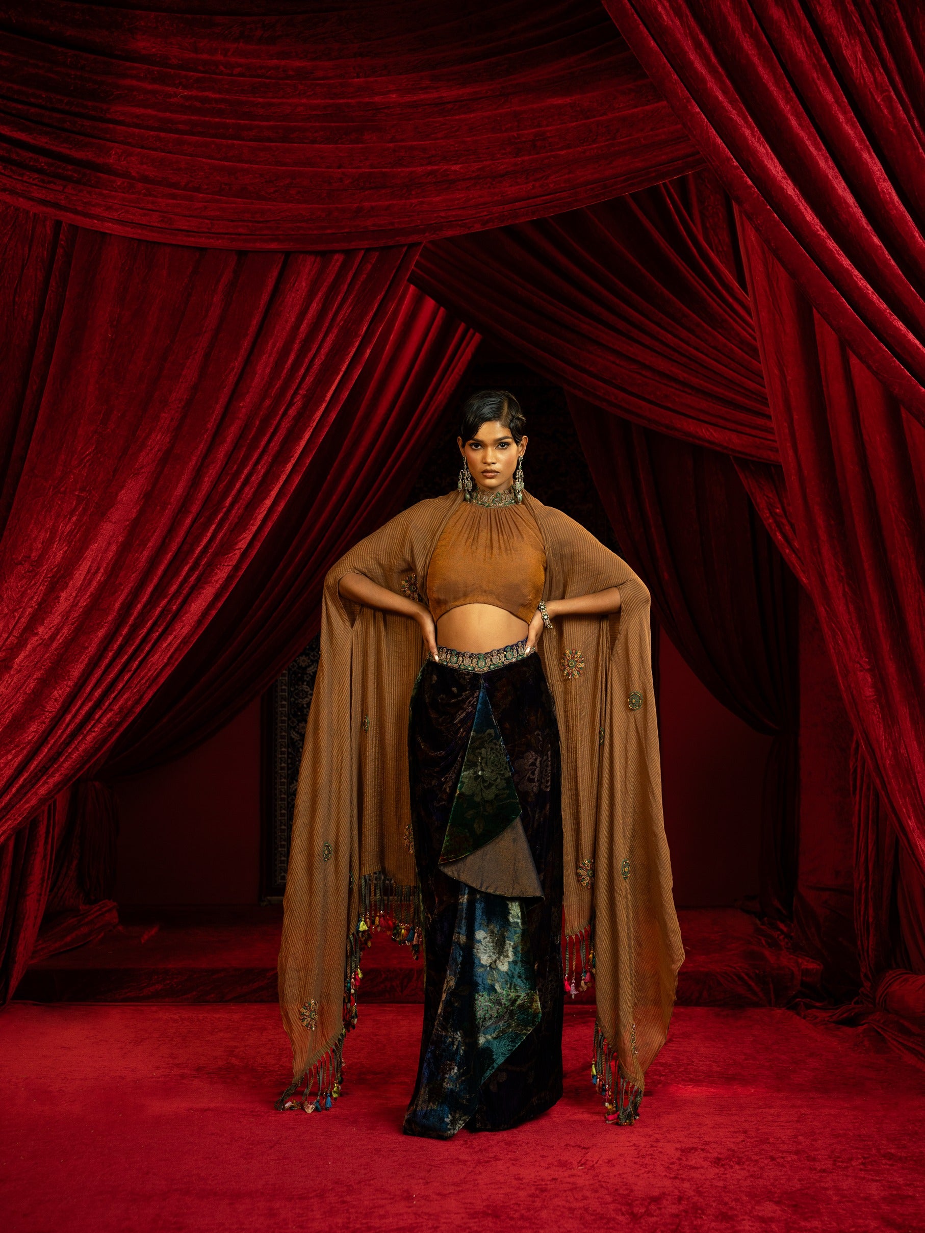 Velvet Drape Skirt with & Flowy Dupatta Cape