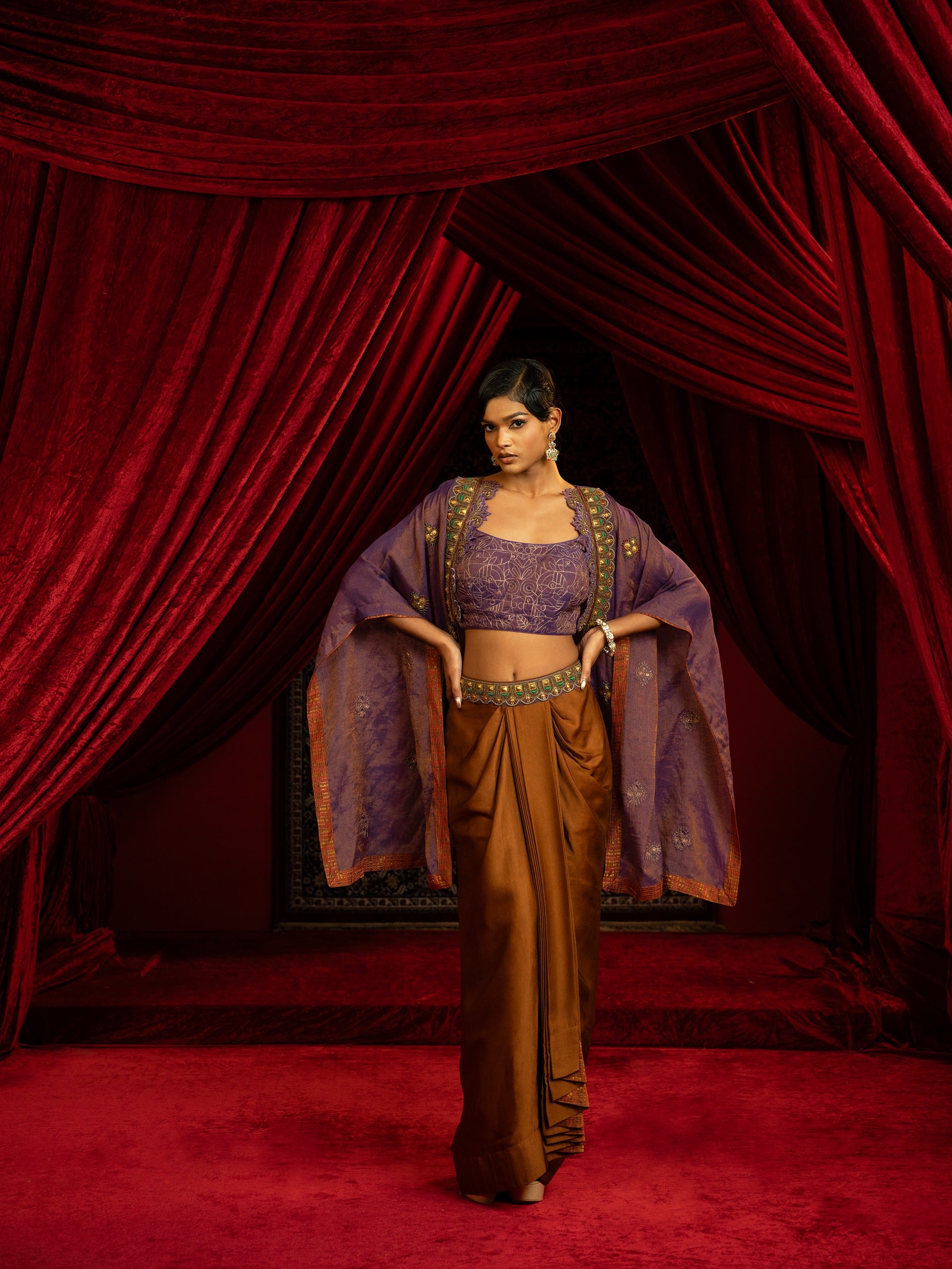 Dhoti Skirt Set with Quilted Bustier & Cape
