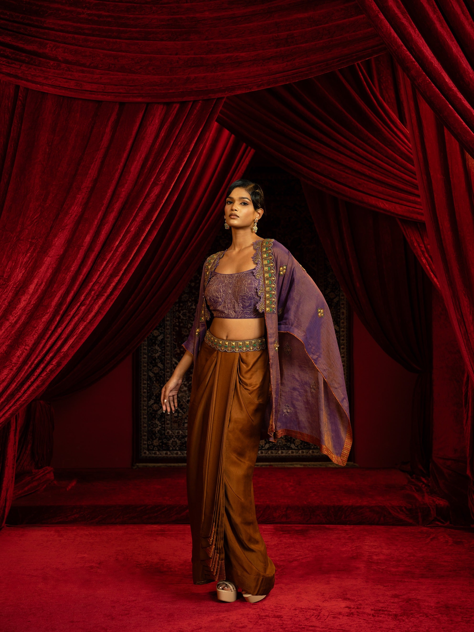 Dhoti Skirt Set with Quilted Bustier & Cape