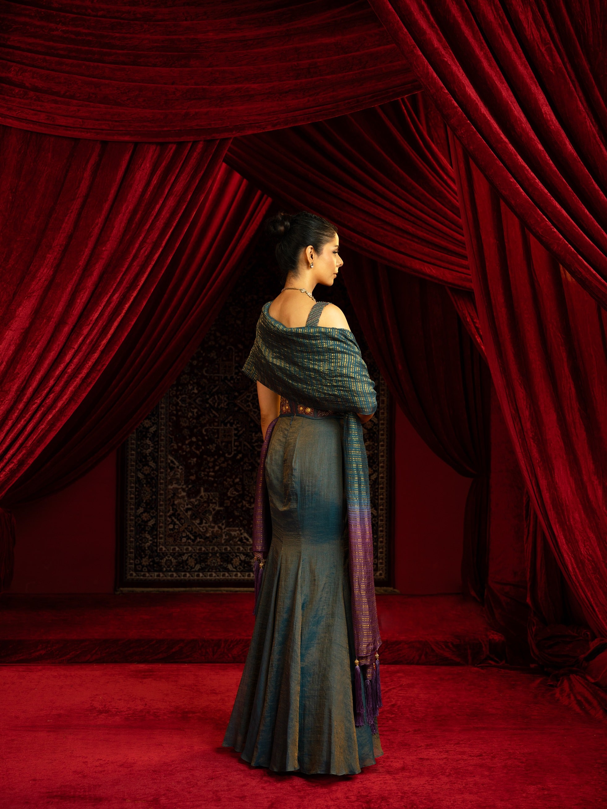 Fishcut Skirt Set with Quilted Blouse & Embroidered Belt