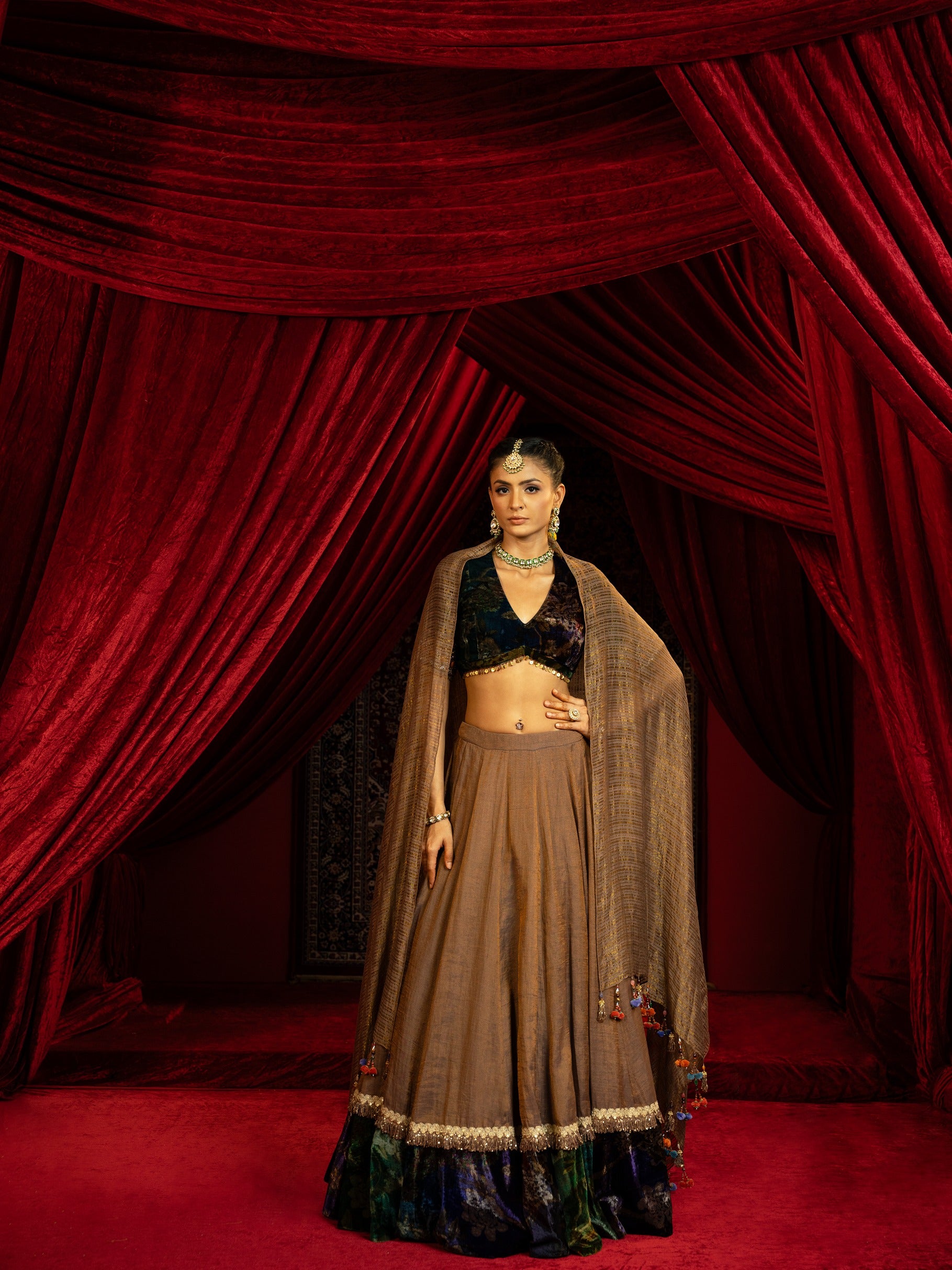 Lehenga with Printed Velvet Border and Blouse with Dupatta