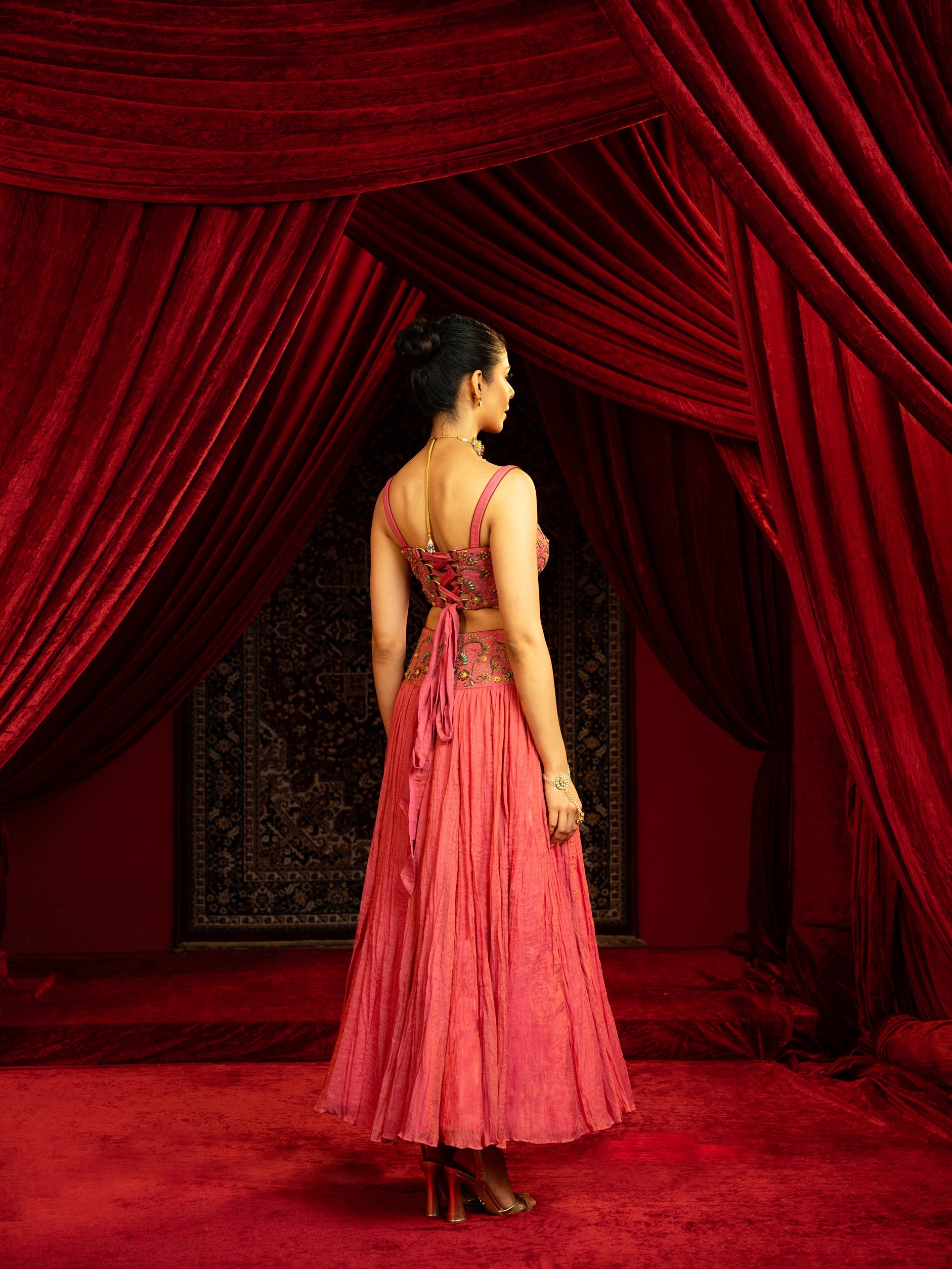 Full-Flared Skirt Set with Embroidered Bustier & Belt