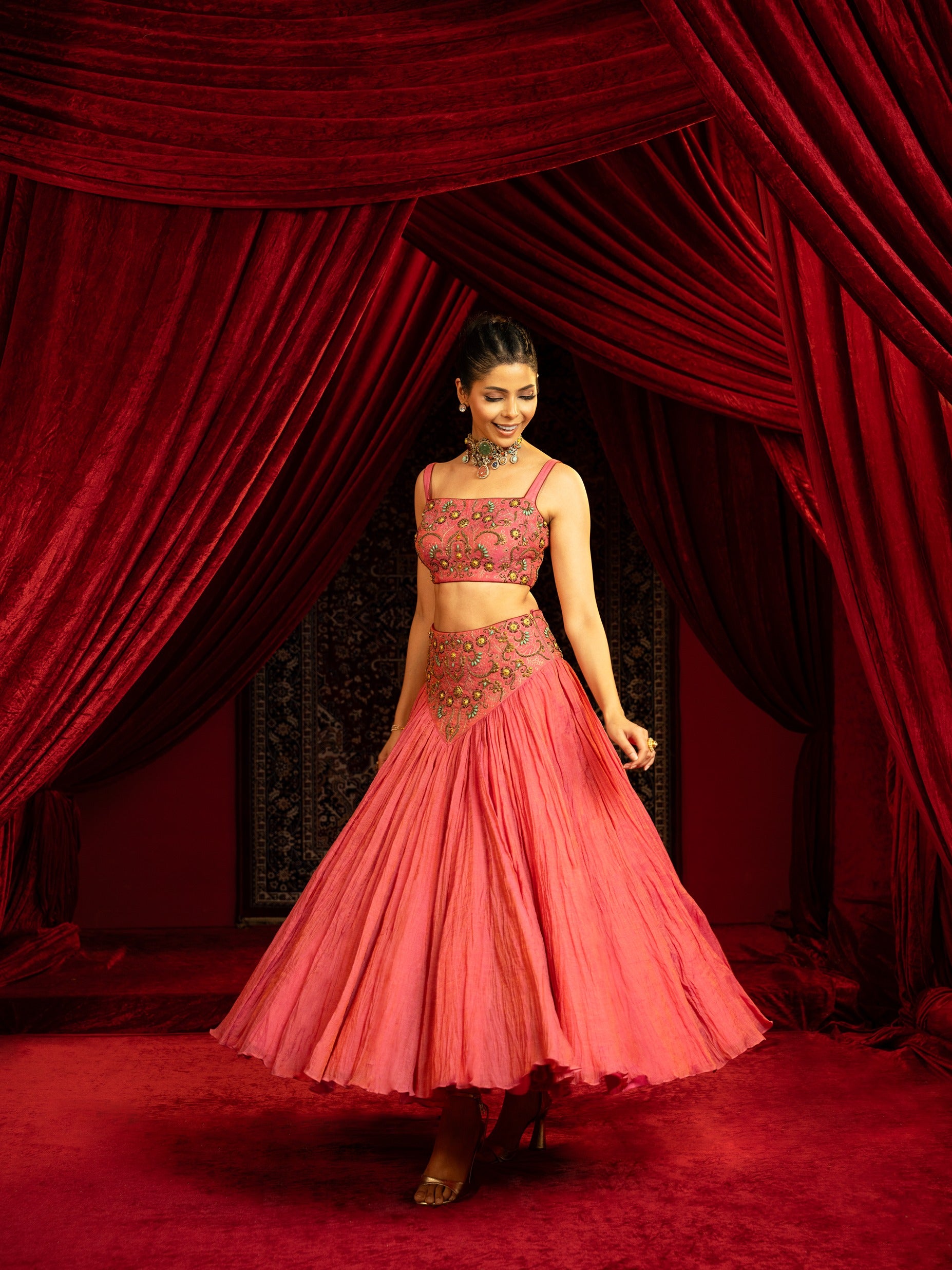 Full-Flared Skirt Set with Embroidered Bustier & Belt