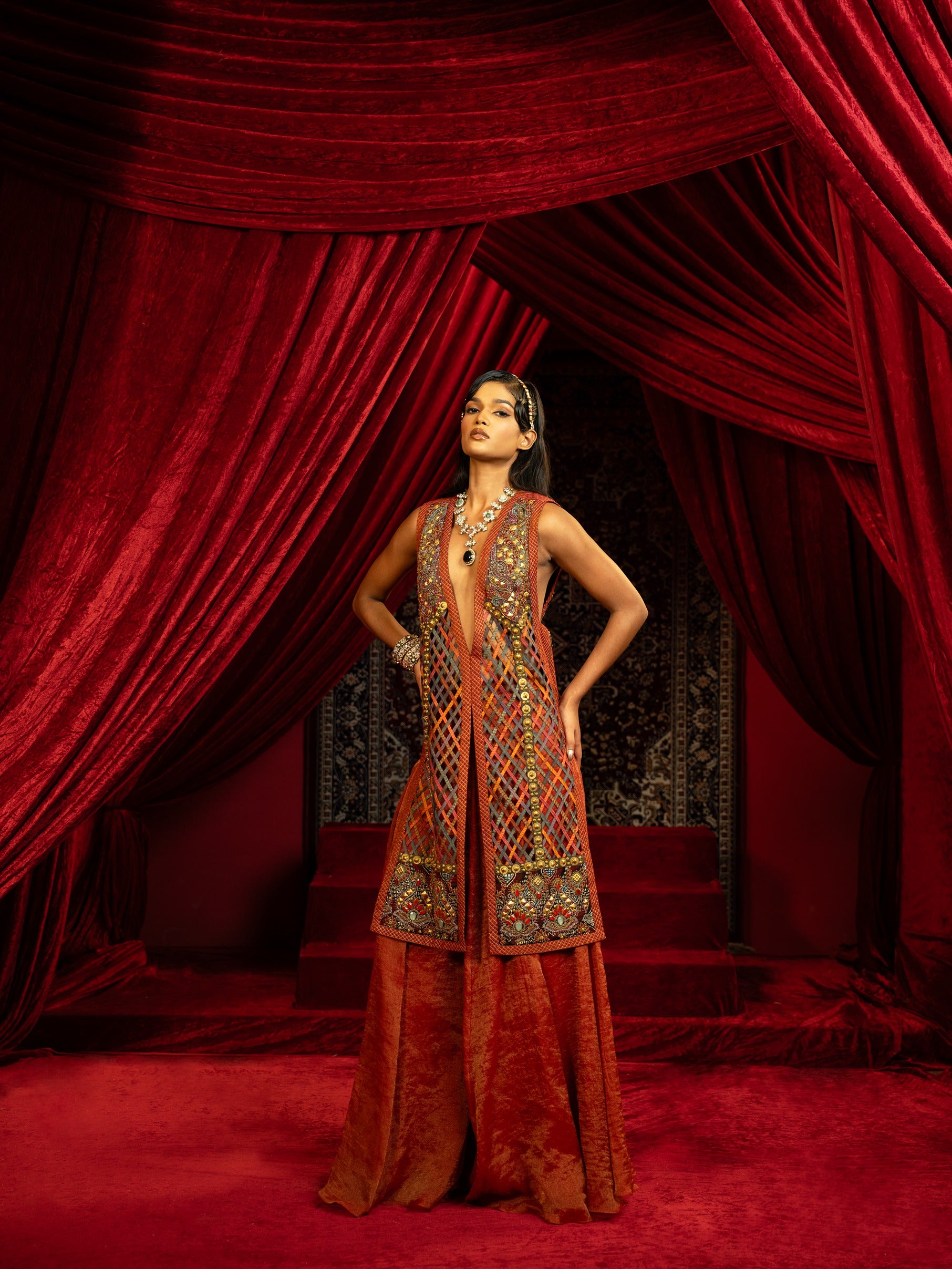 Embroidered Long Jacket with Sharara Pants