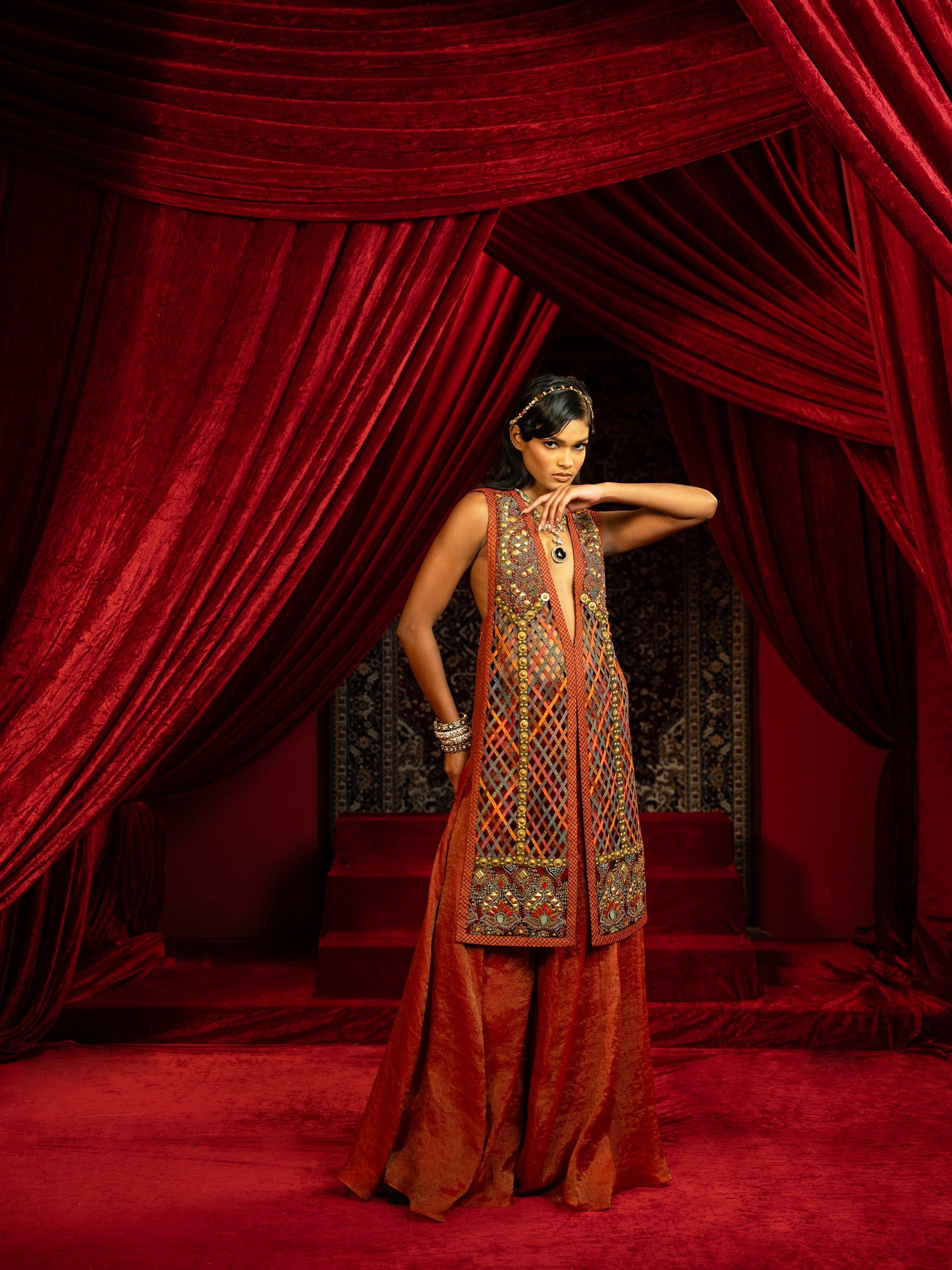 Embroidered Long Jacket with Sharara Pants