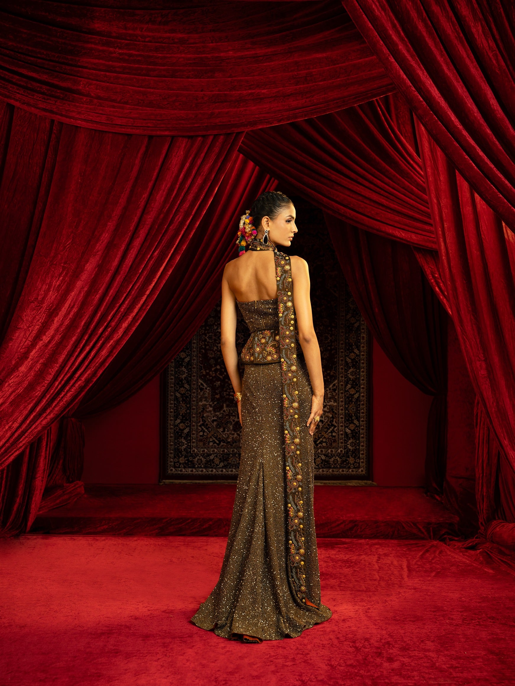 Full-Beaded Evening Gown with Saree