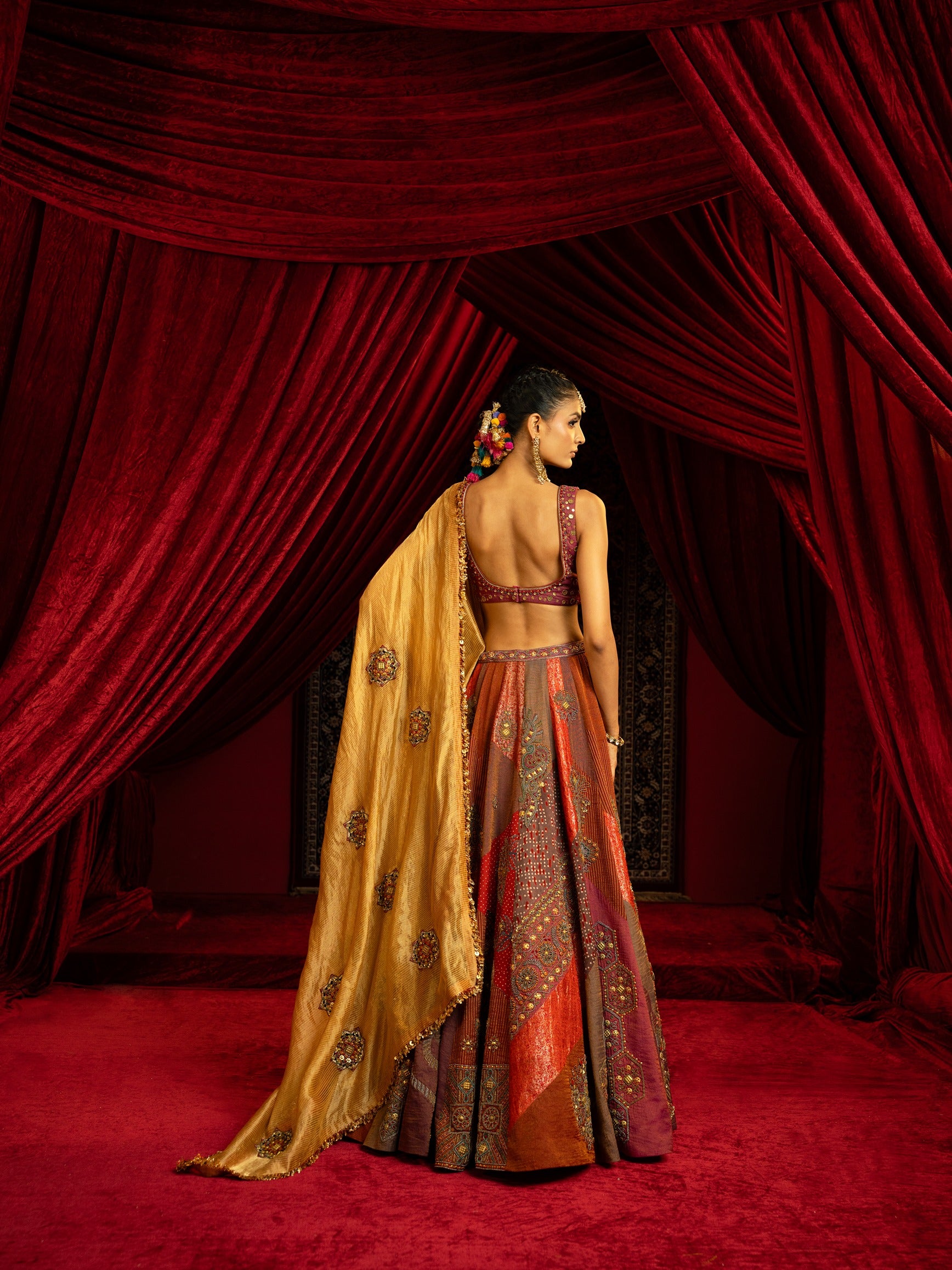 Blocked Lehenga Set with Metal Embroidered Blouse & Dupatta