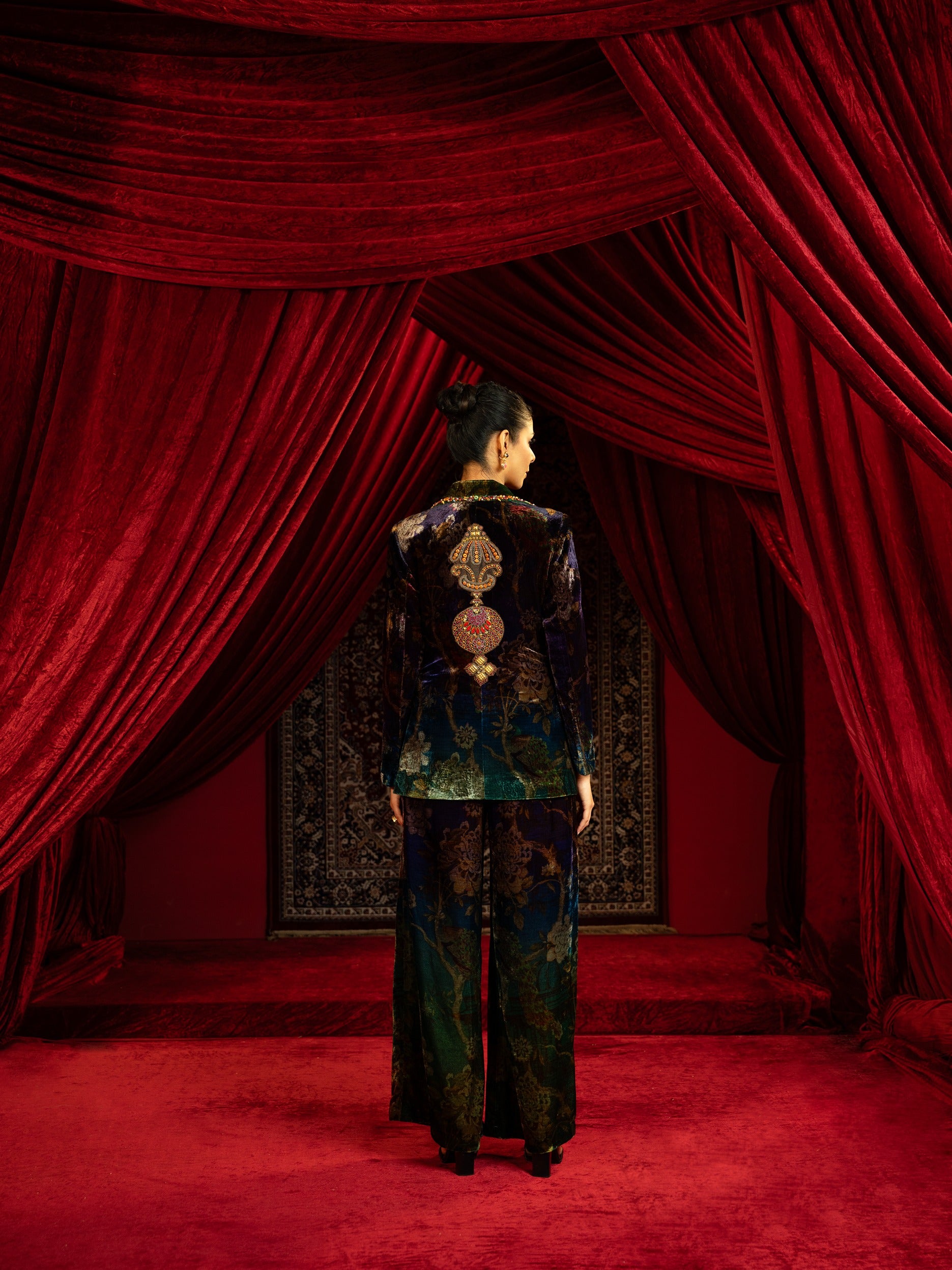 Velvet Blazer Pant Set with Embroidered Collar