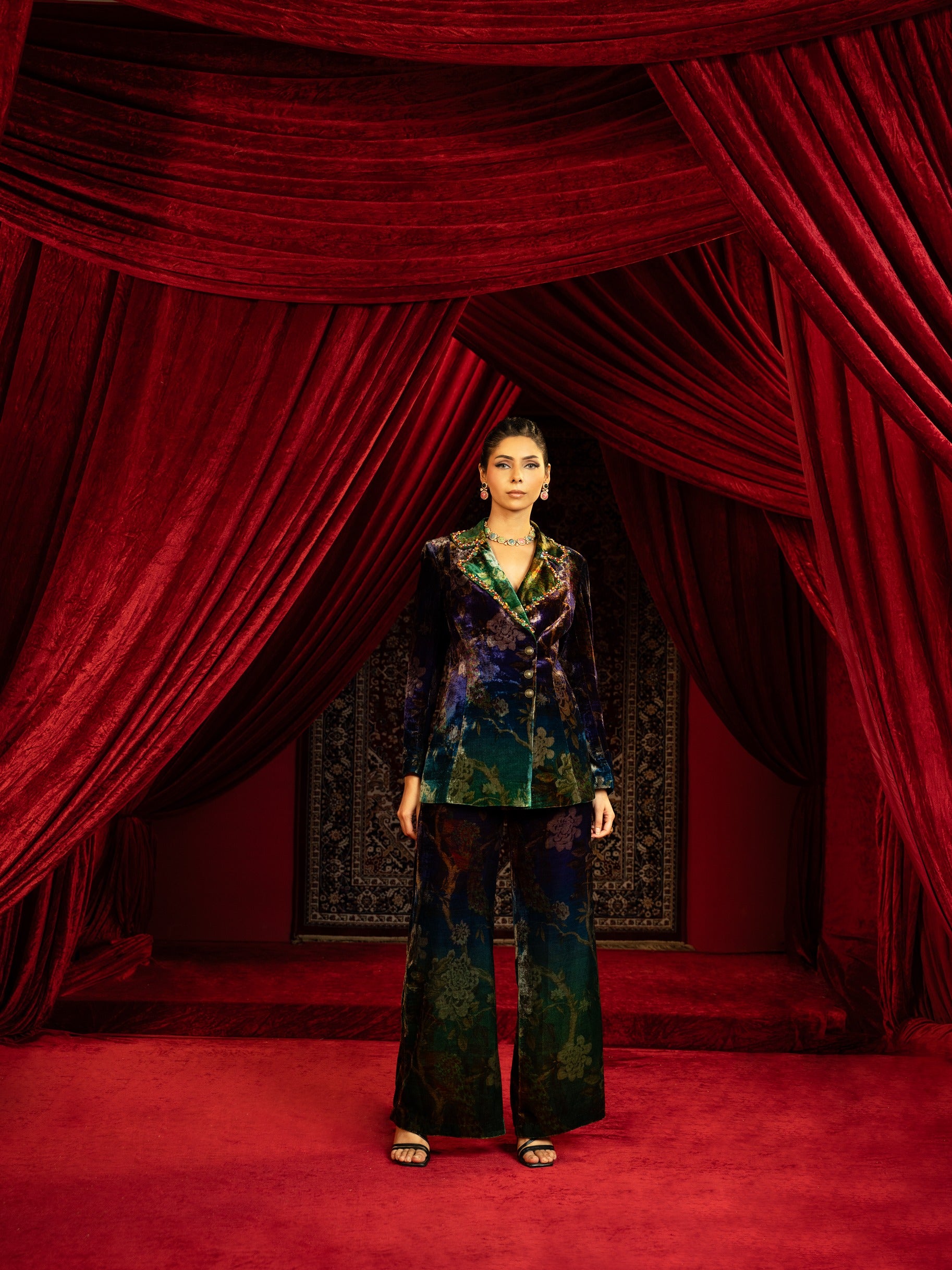 Velvet Blazer Pant Set with Embroidered Collar