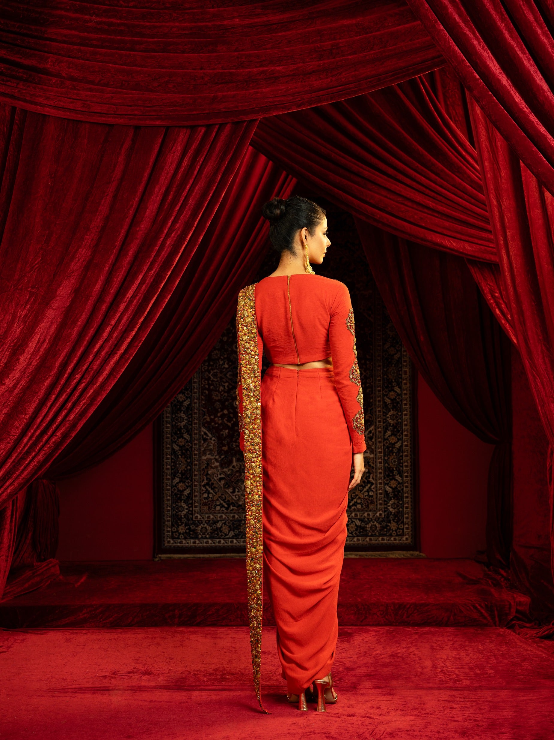 Drape Skirt Set with Embroidered Cutwork Palla