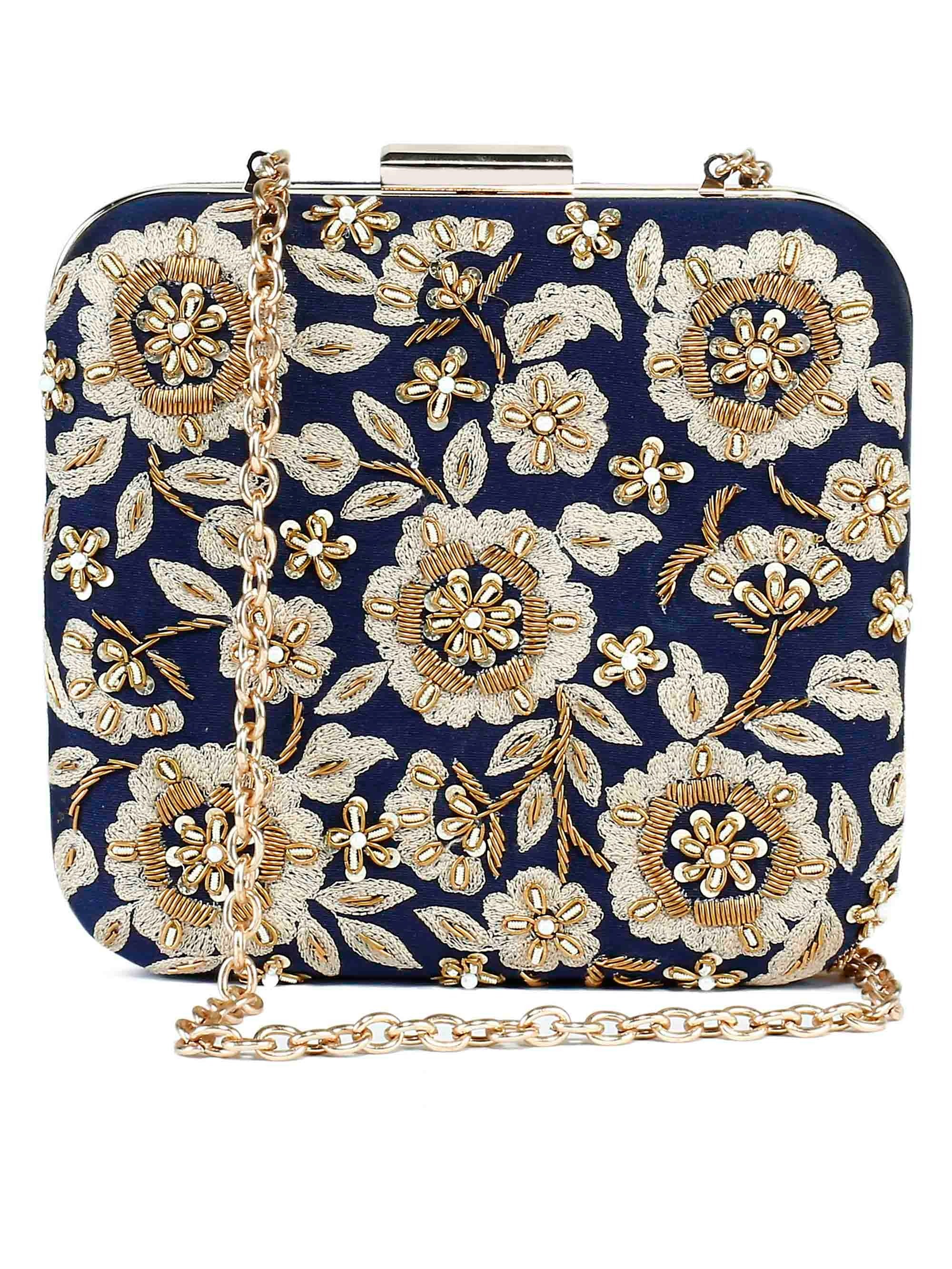 Navy Floral Zardosi Clutch