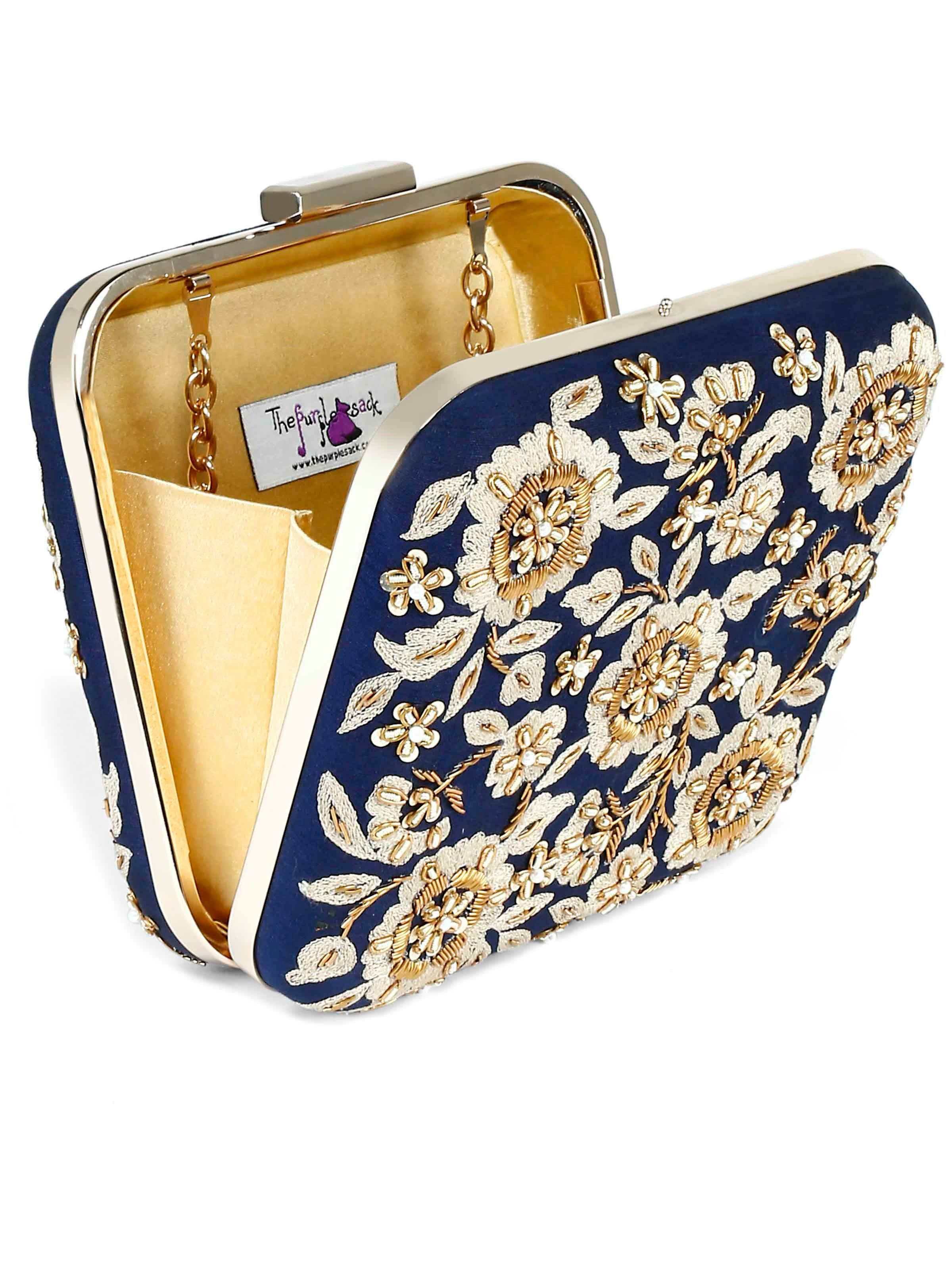 Navy Floral Zardosi Clutch