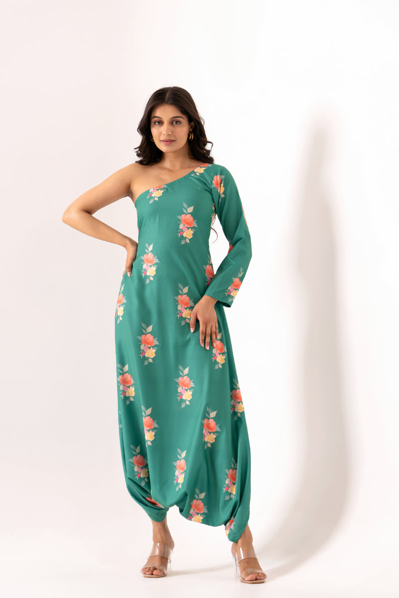 Jade Green One-Shoulder Dhoti Jumpsuit