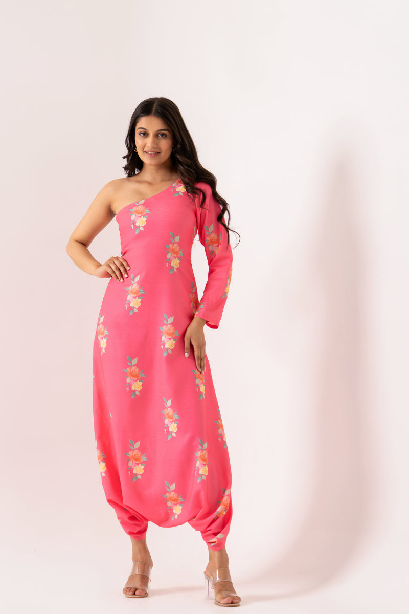 Hot Pink One-Shoulder Dhoti Jumpsuit