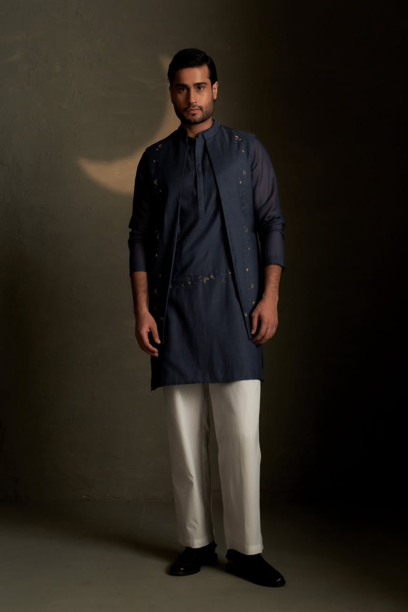 Blue Dusk Long Kurta Set with Bundi