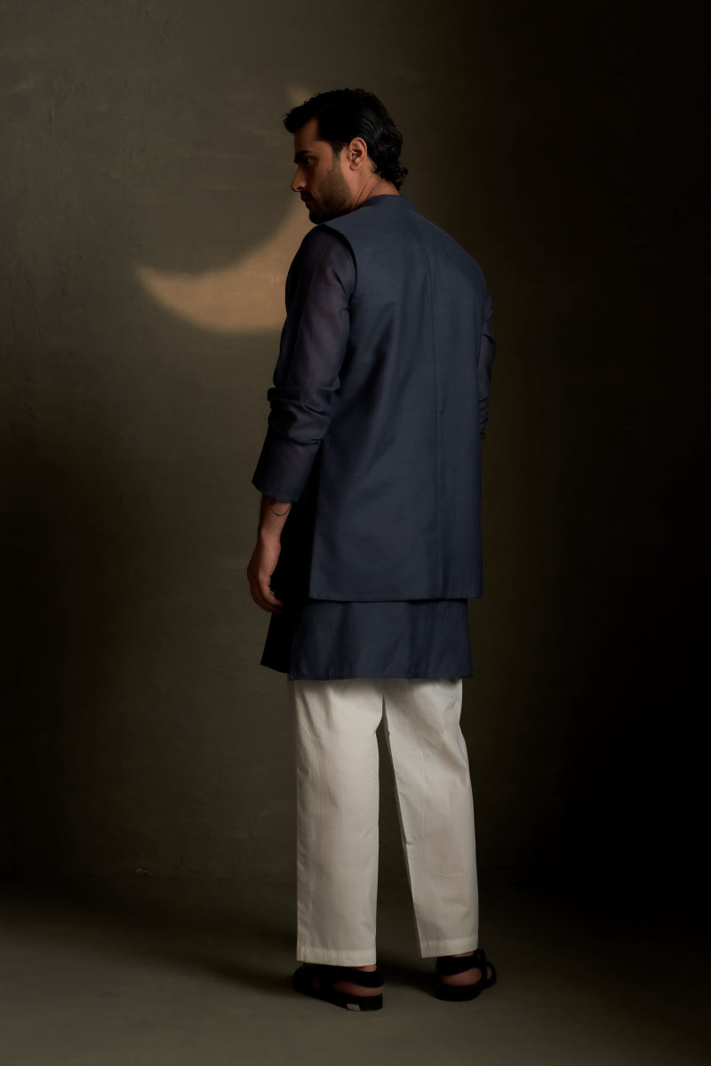 Blue Dusk Long Kurta Set with Bundi