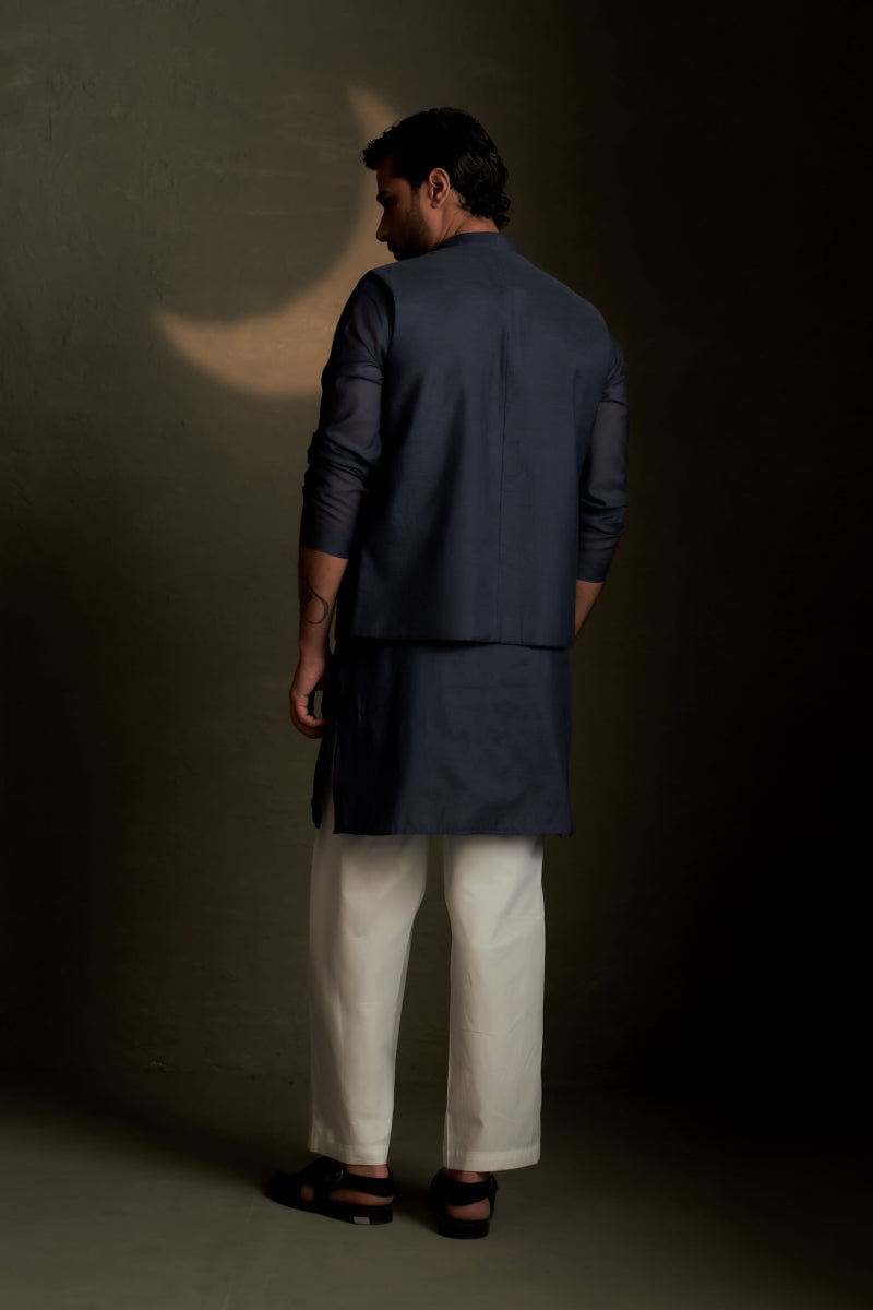 Blue Dusk Long Kurta Set with Short Jacket
