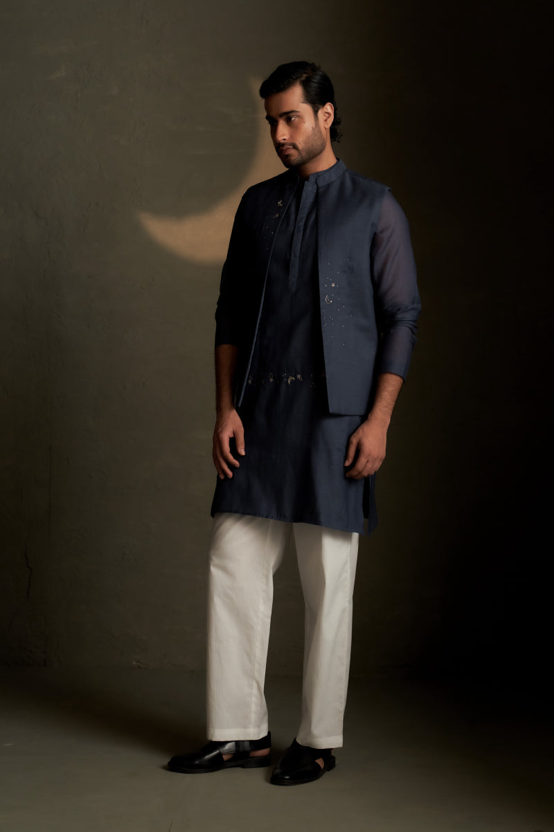 Blue Dusk Long Kurta Set with Short Jacket