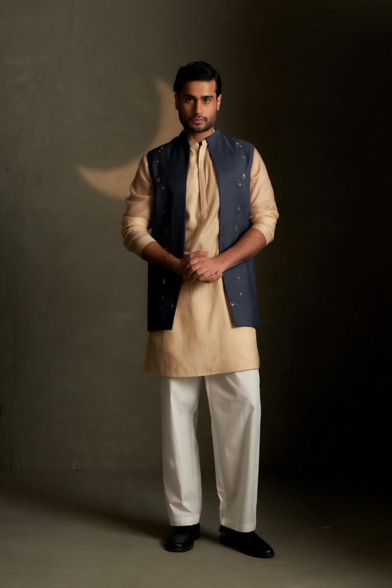 Beige Long Kurta Set with Blue Bundi