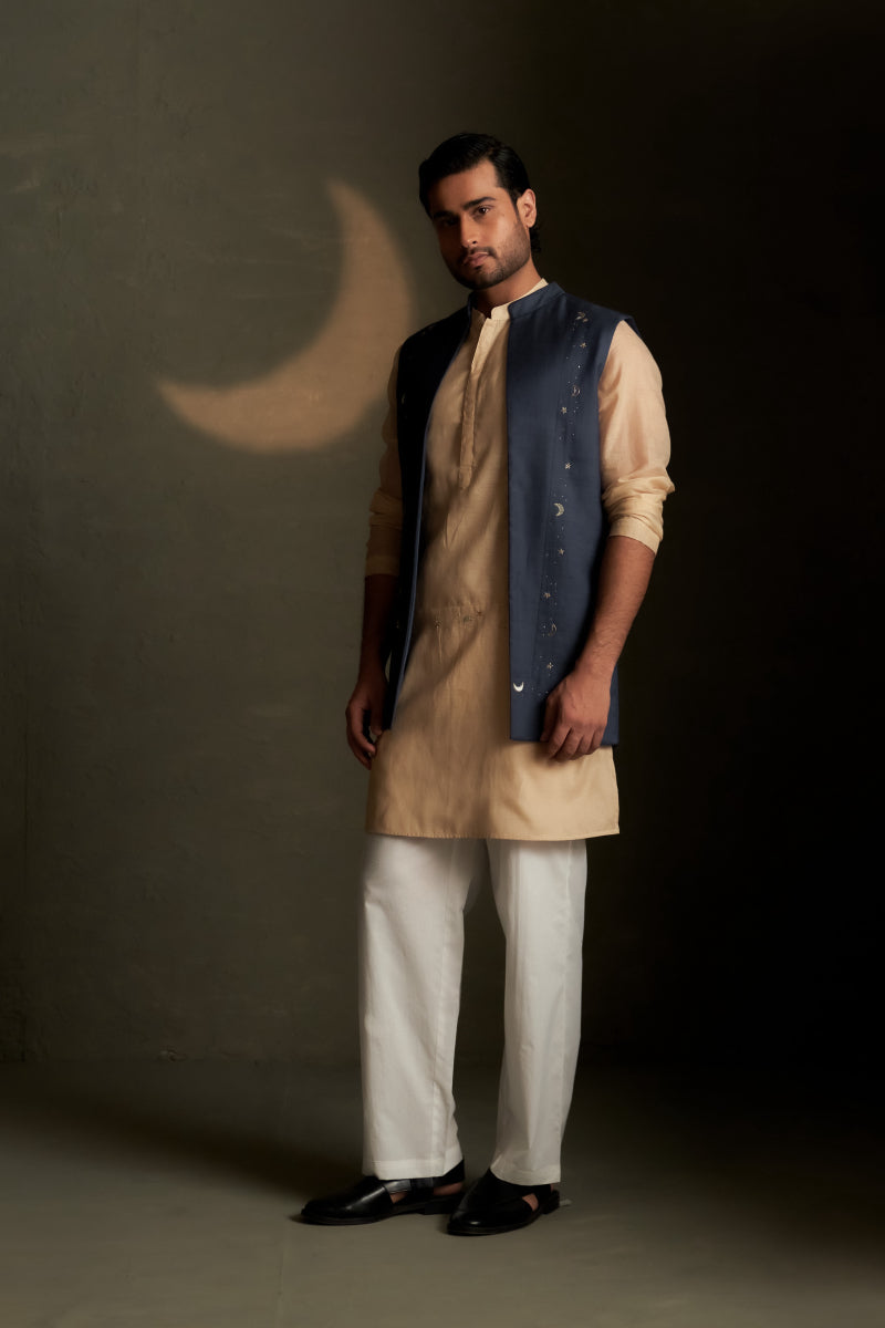 Beige Long Kurta Set with Blue Bundi