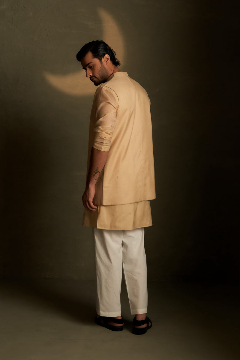 Golden Beige Long Kurta Set with Long Jacket