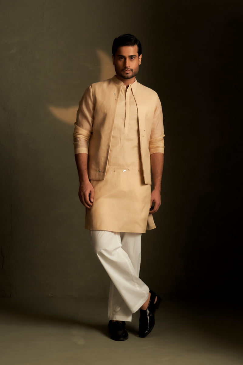 Golden Beige Long Kurta Set with Short Jacket