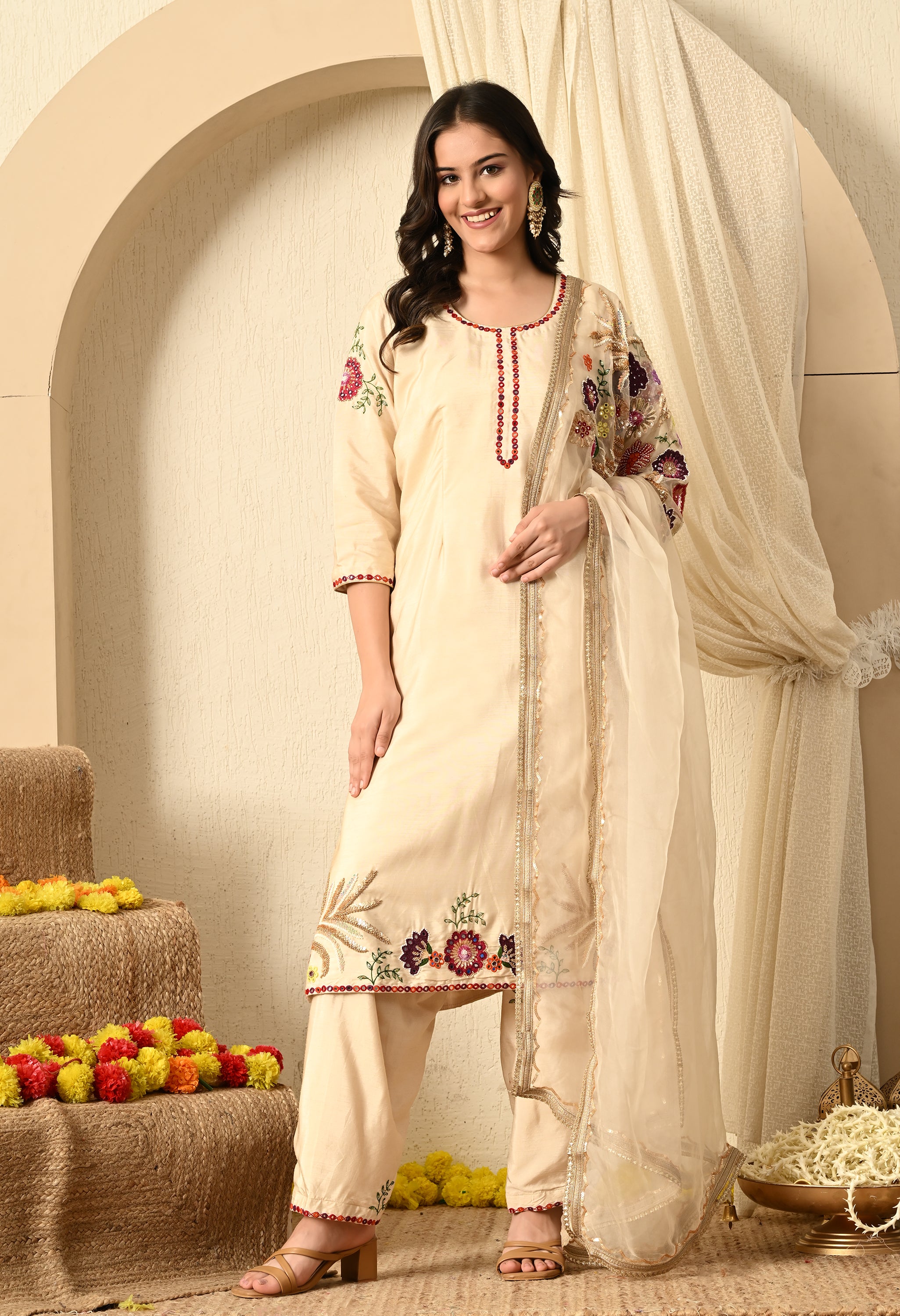 Dark Cream Sequence & Thread Work Kurta Set