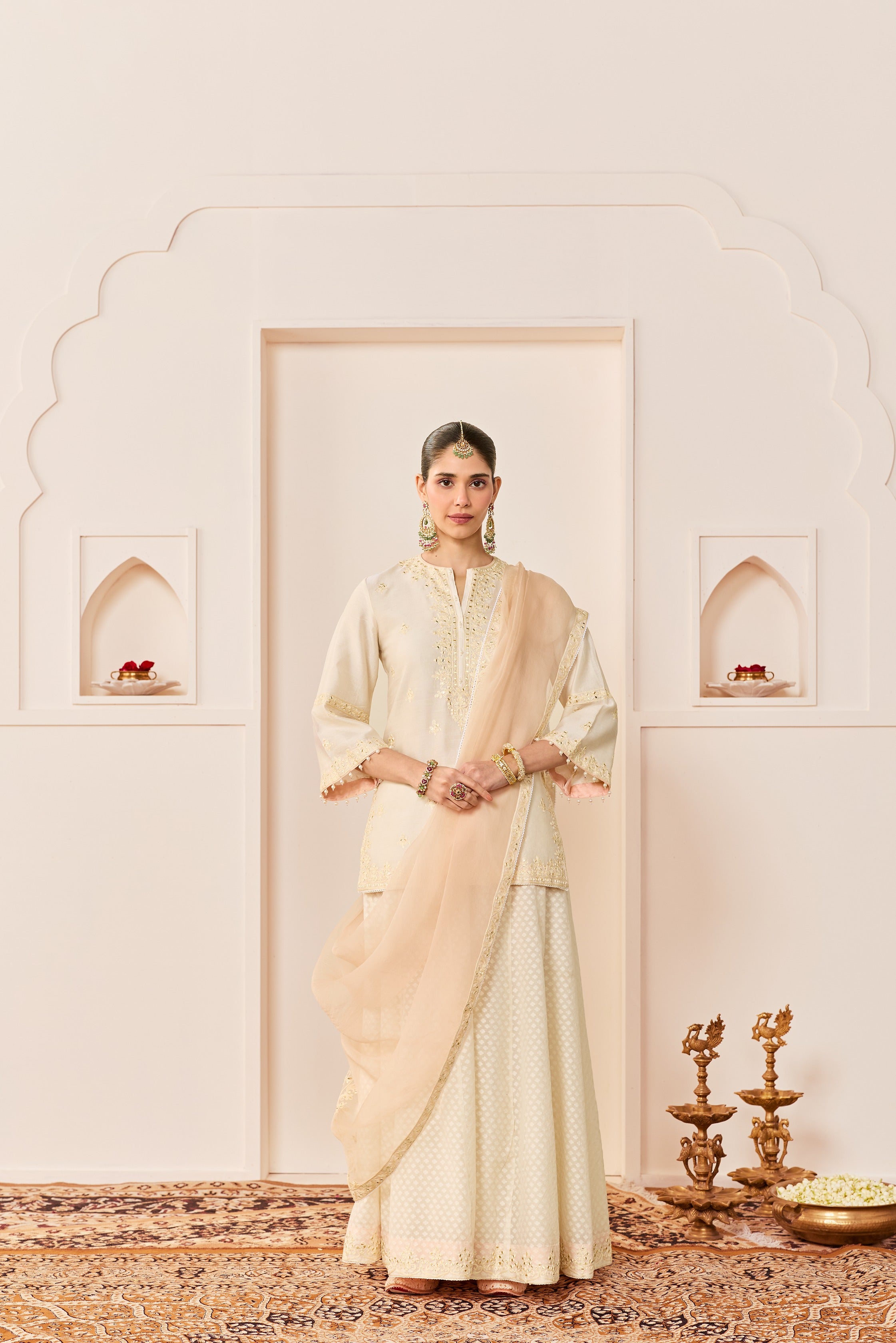 REHMA -DAISY IVORY SHORT KURTA WITH SHARARA AND DUPATTA