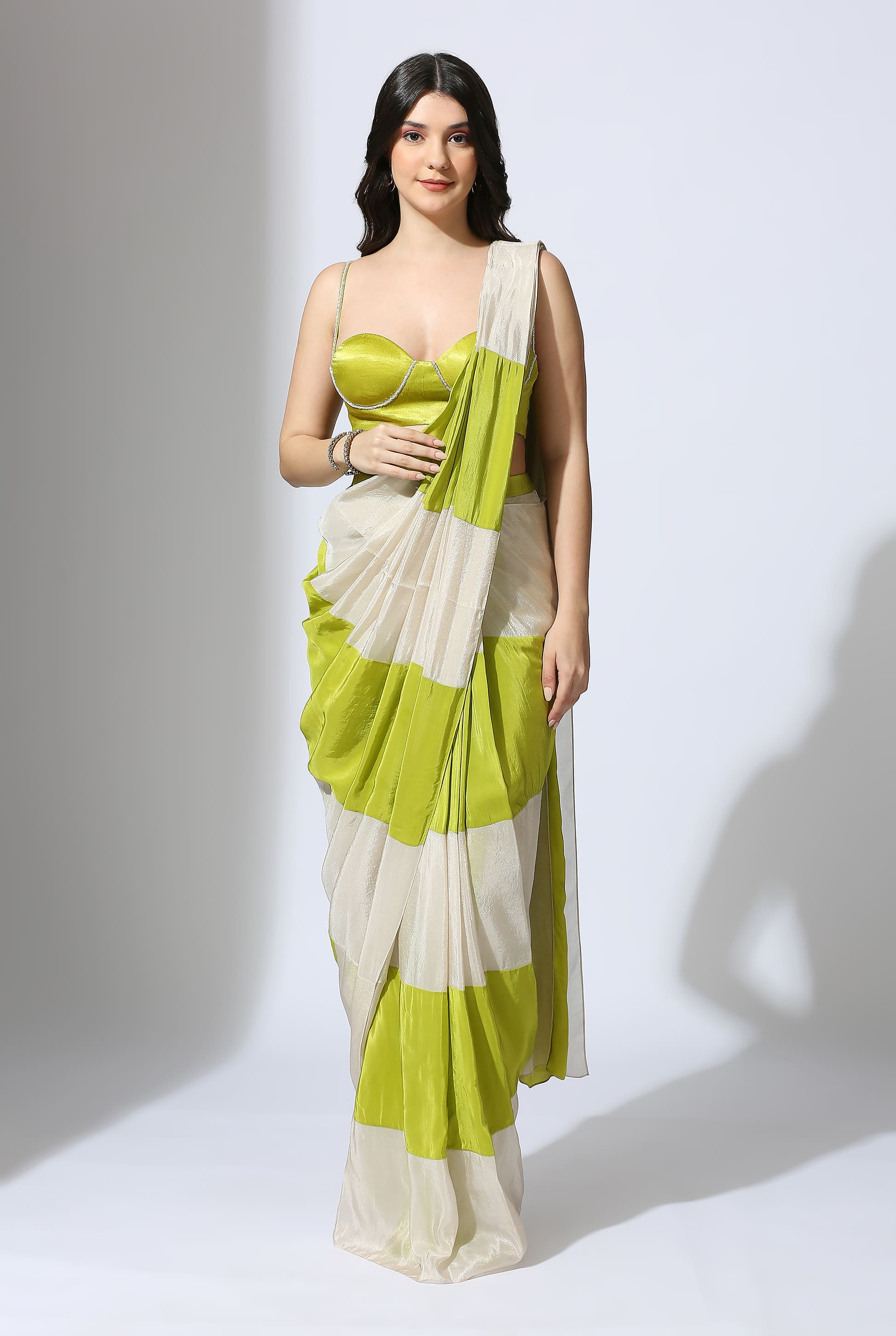 Lime Green And Tissue Color Block Saree With Lime Green Embroidered Blouse