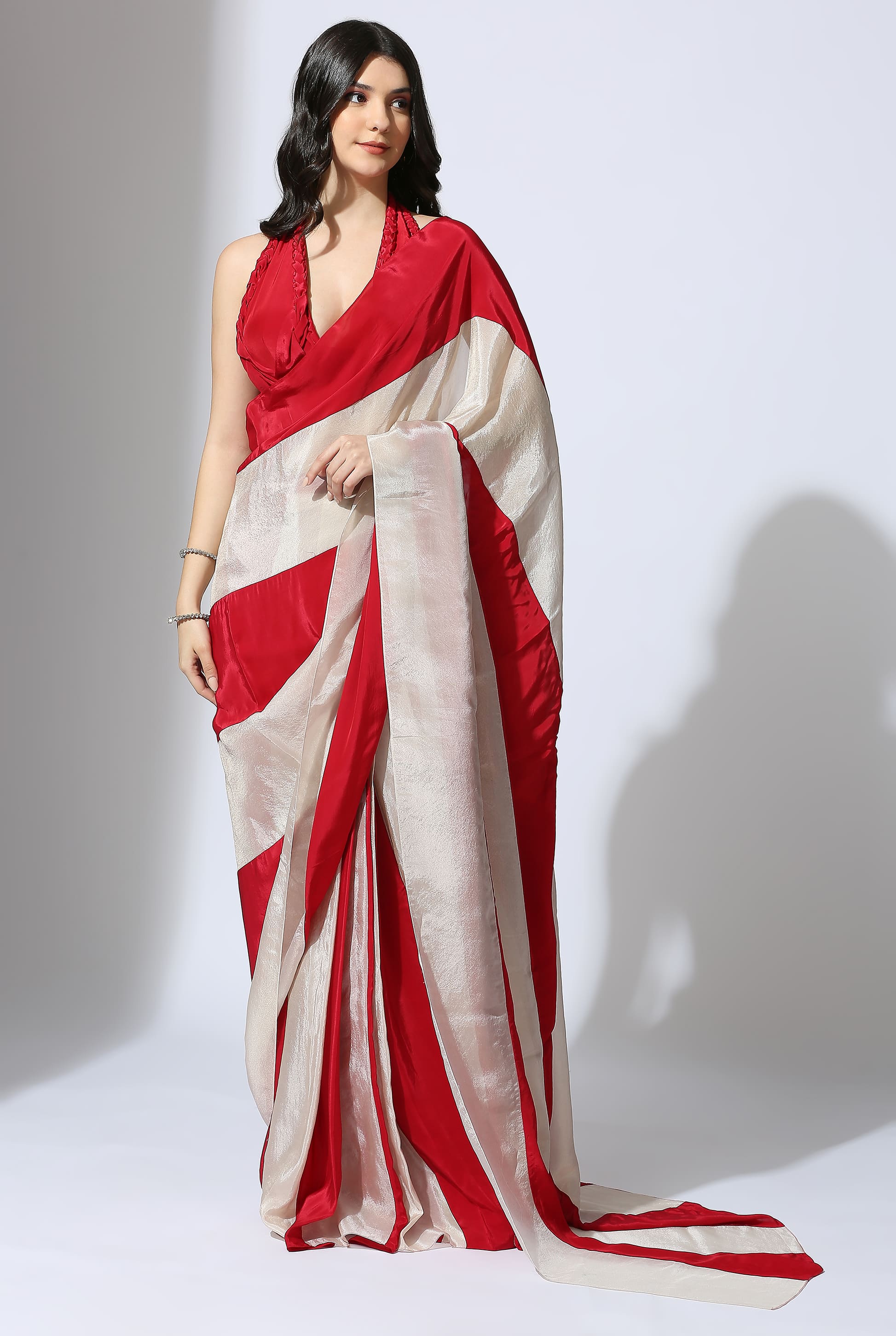 Red and Beige stripe colour block pre-draped saree