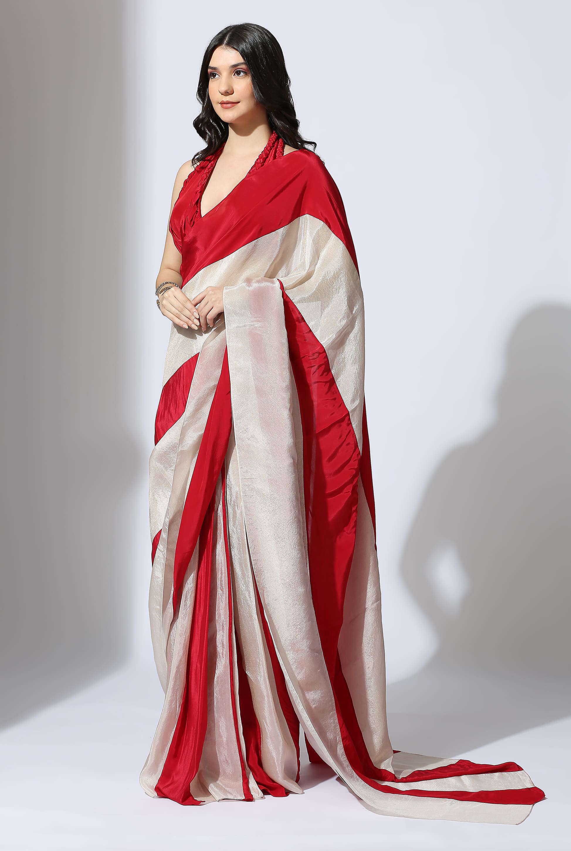 Red and Beige stripe colour block pre-draped saree