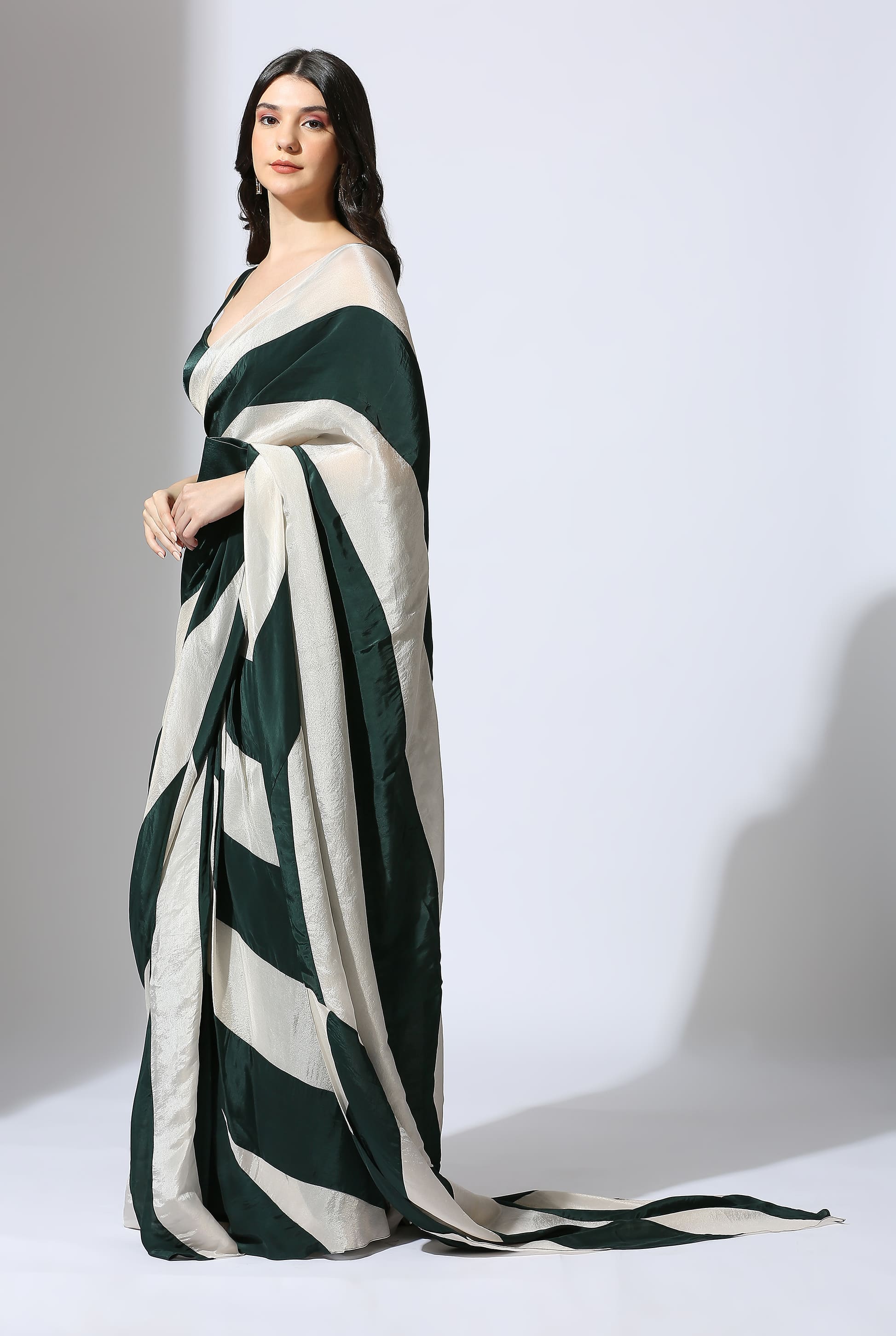 Bottle Green And Tissue Color Block Saree With Bottle Green Blouse And Waist Belt