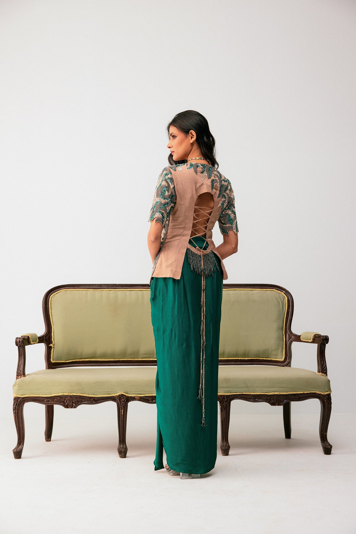 Embroidered Top With Drape Skirt