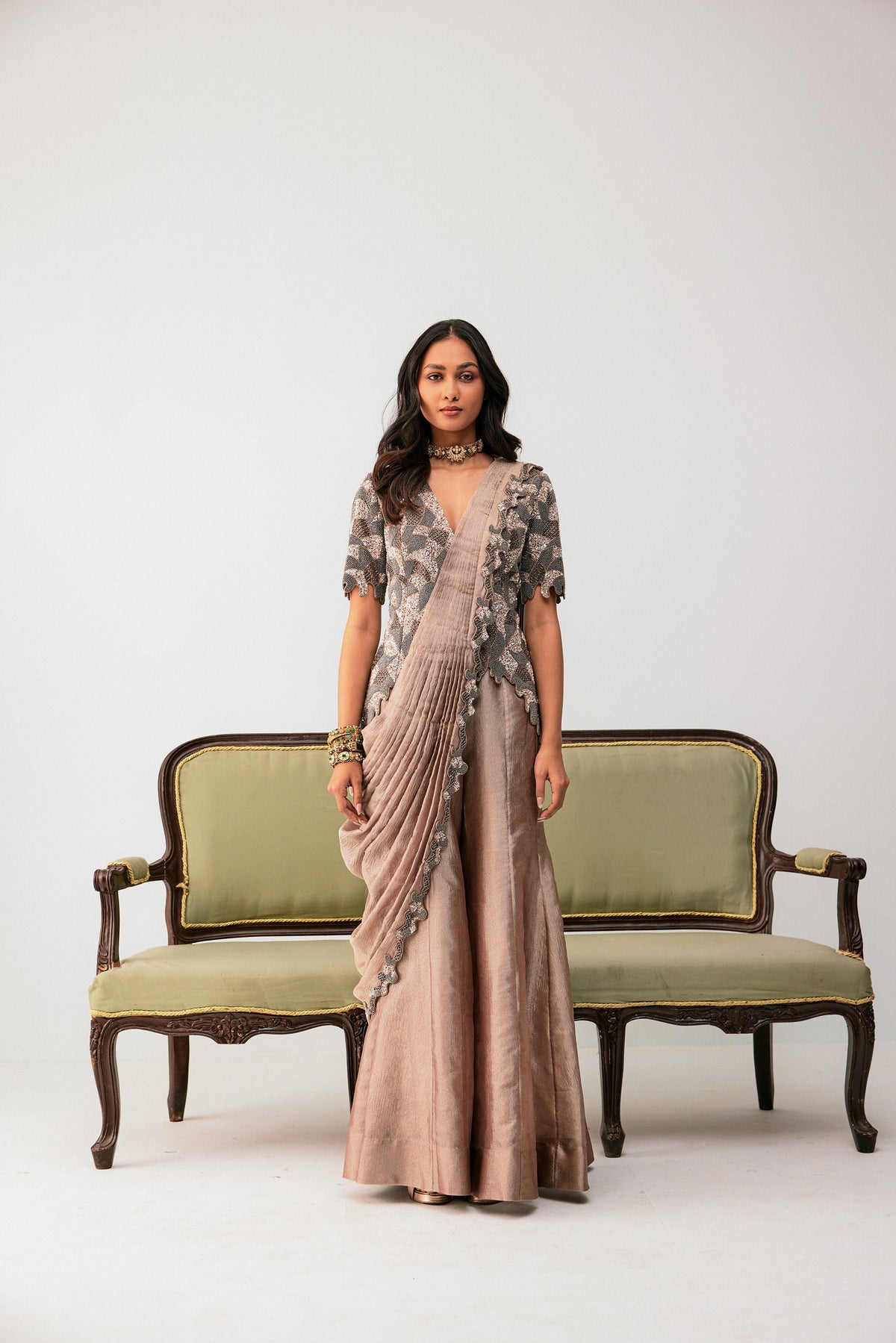 Long Top With Flared Pants Along With Drape Attached With It.