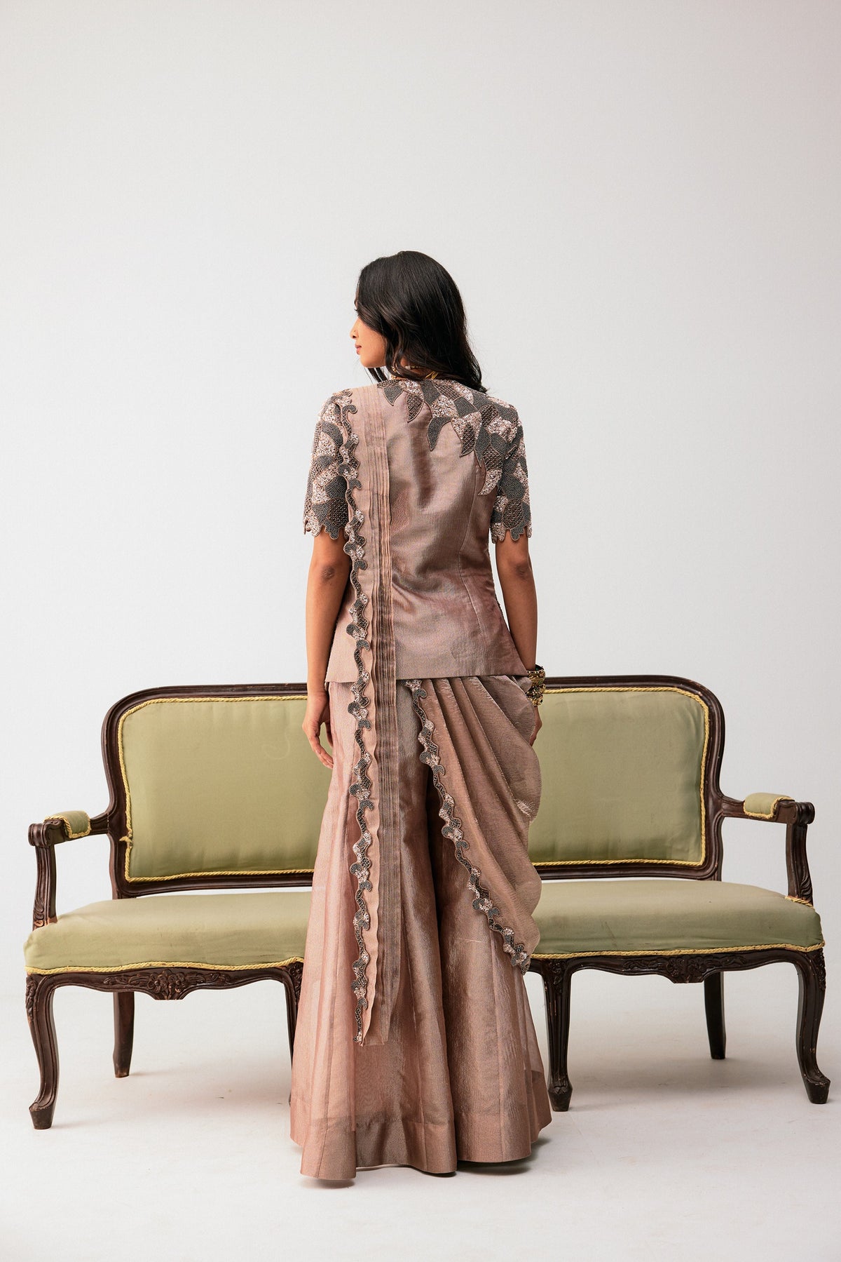 Long Top With Flared Pants Along With Drape Attached With It.