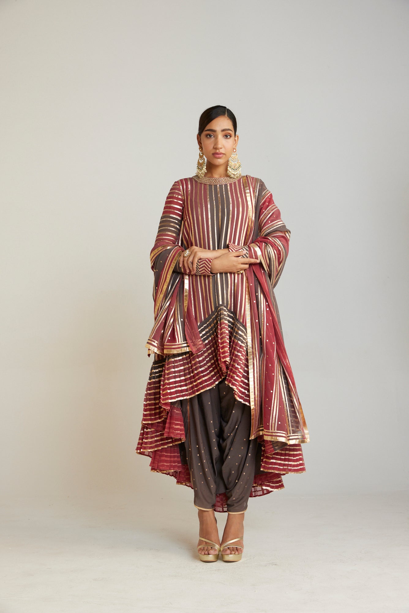 Charcoal Grey Round Neck Asymmetrical Kurta Dhoti Set