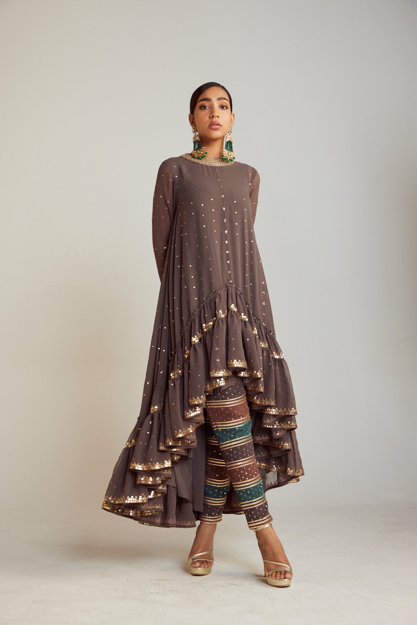 Charcoal Grey Asymmetrical Kurta Pant Set
