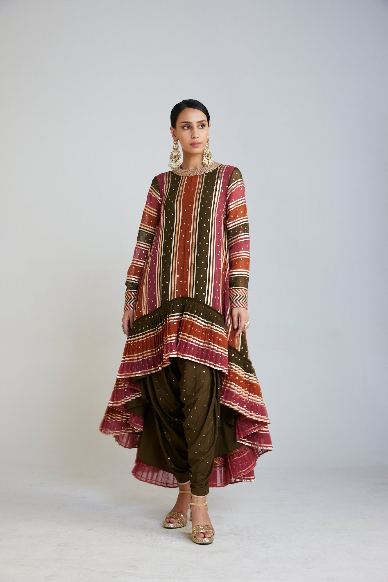 Olive Green Asymmetrical Kurta Dhoti Set