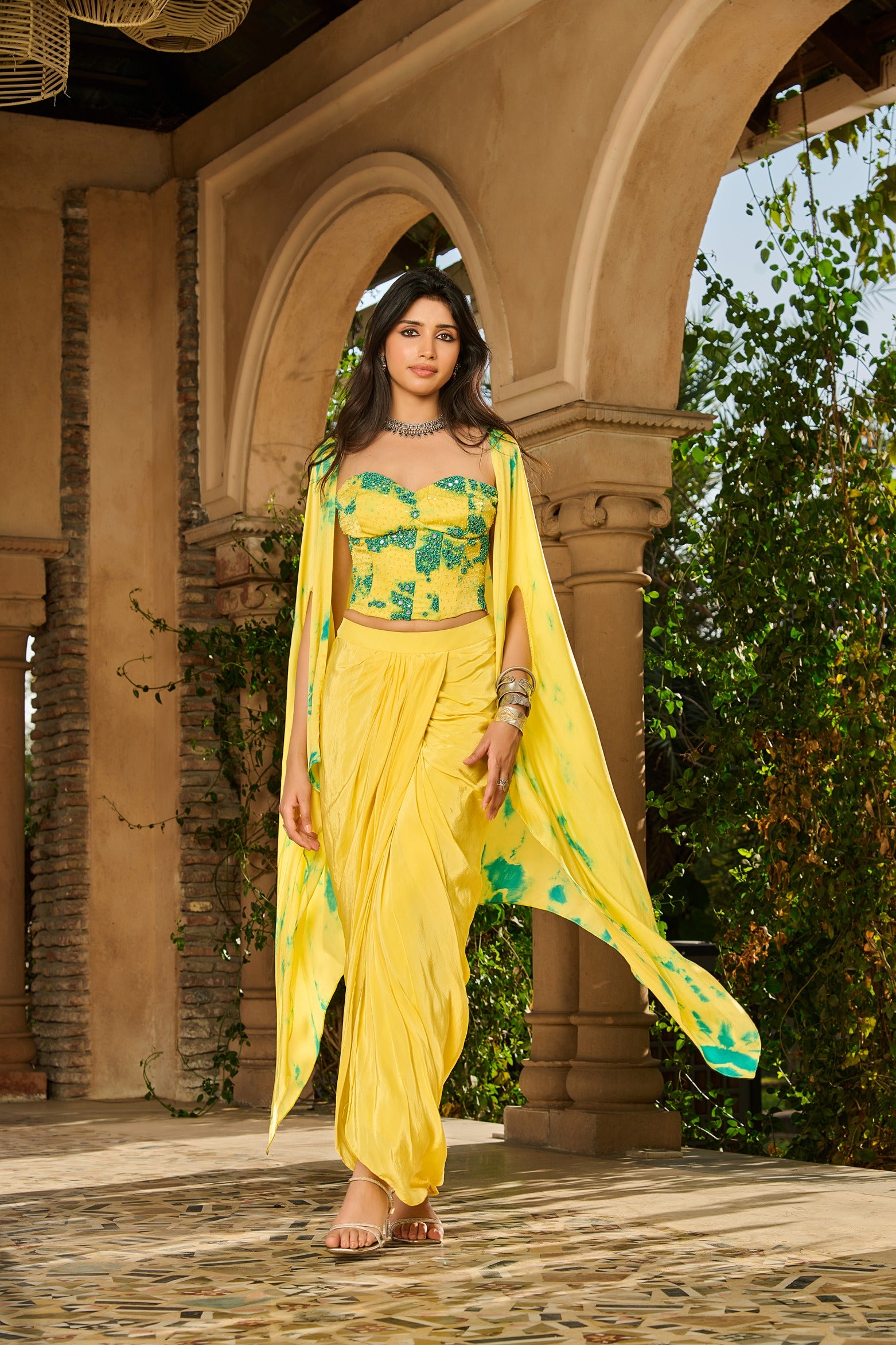 Hand Embelished Tie Dyed Corset with Dhoti Skirt