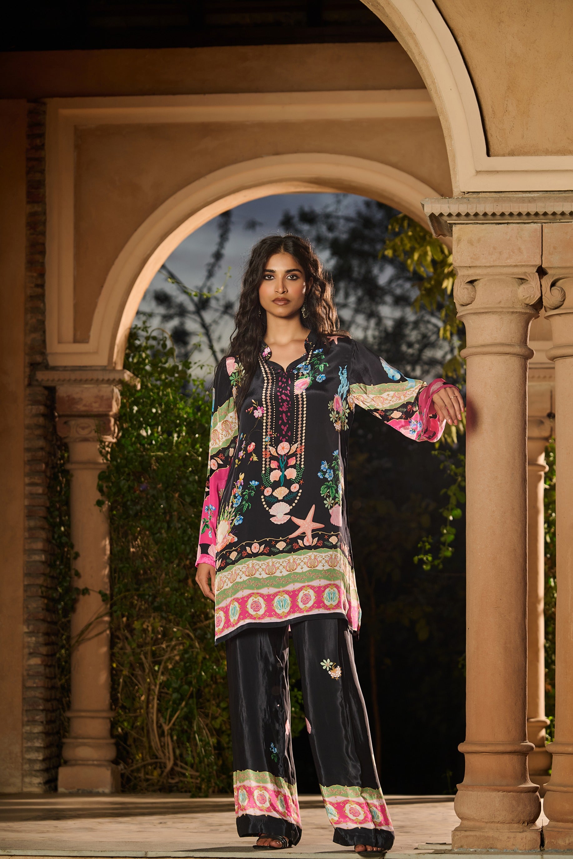 Silky Printed Co-Ord Set - Black